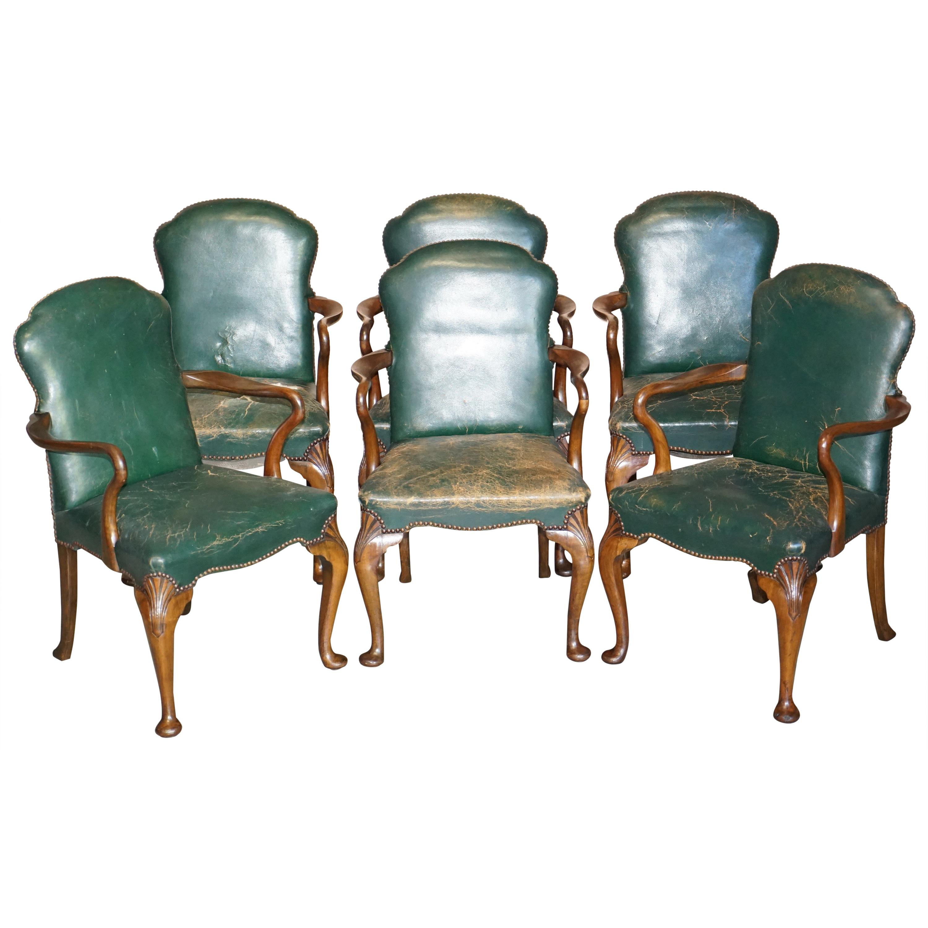 6 Victorian Walnut Green Period Leather Upholstery Shepherds Crook Dining Chairs