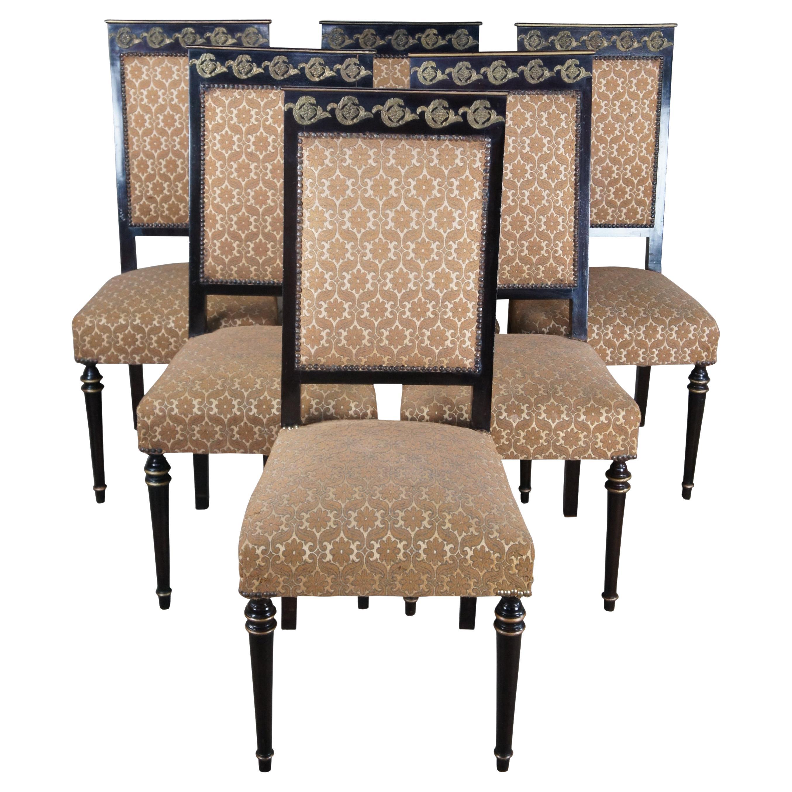 6 Vintage 1970s French Louis XVI Style Ebonized Dining Chairs Brass Ormolu Mount