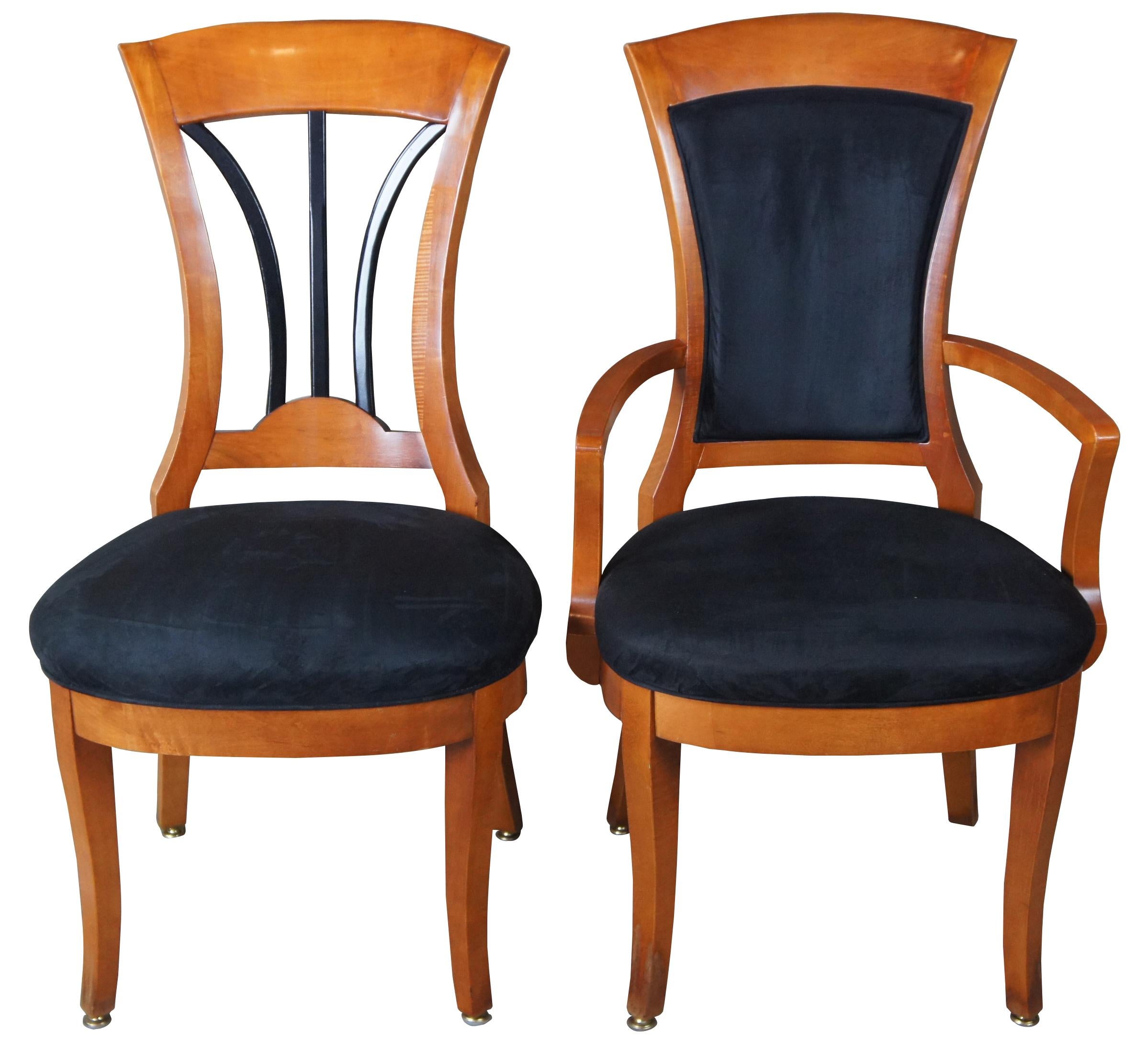 National Mt Airy dining chairs, circa 1990s. Biedermeier style with maple and ebonized frame. Upholstered in black with two armchairs.
    