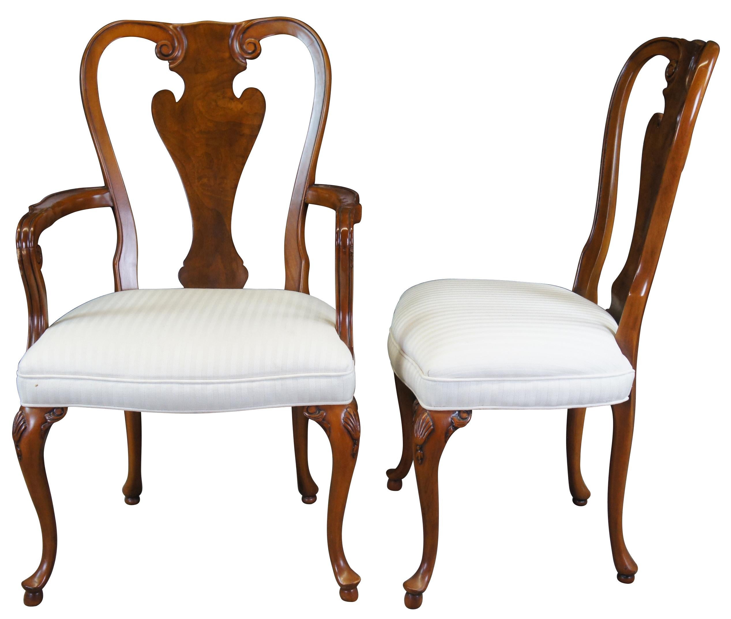 An exquisite set of 6 dining chairs from the Stately Homes Collection by Baker Furniture, circa 1980s. Made from mahogany with a vase shaped splat flanked by scrolled accents, an upholstered and striped seat and cabriole legs with scalloped knees.