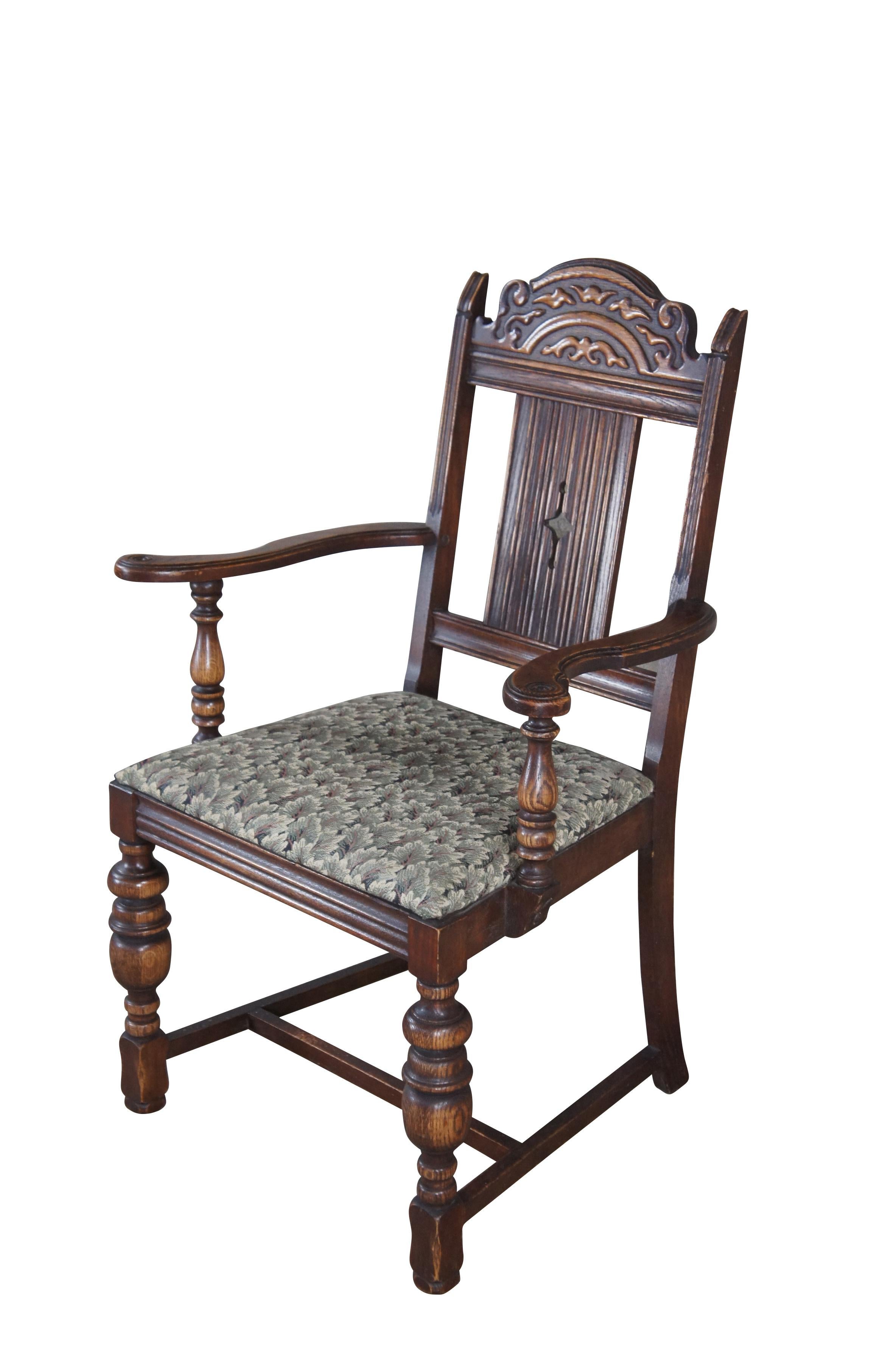 American 6 Vintage Bernhardt English Jacobean Style Carved Oak Dining Room Chairs For Sale