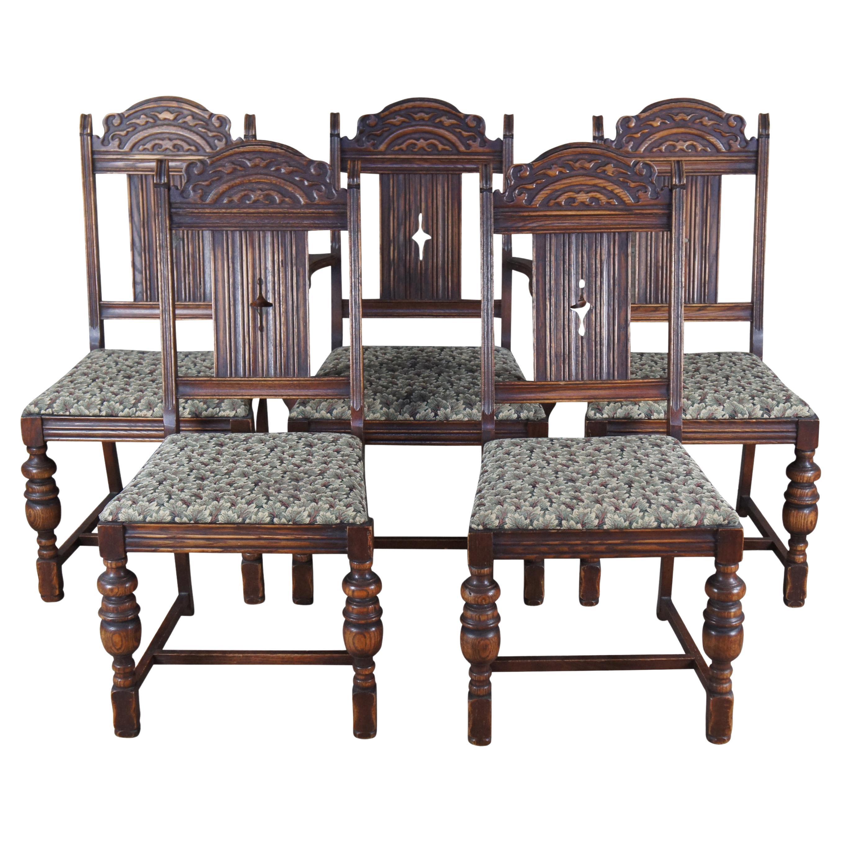 6 Vintage Bernhardt English Jacobean Style Carved Oak Dining Room Chairs For Sale