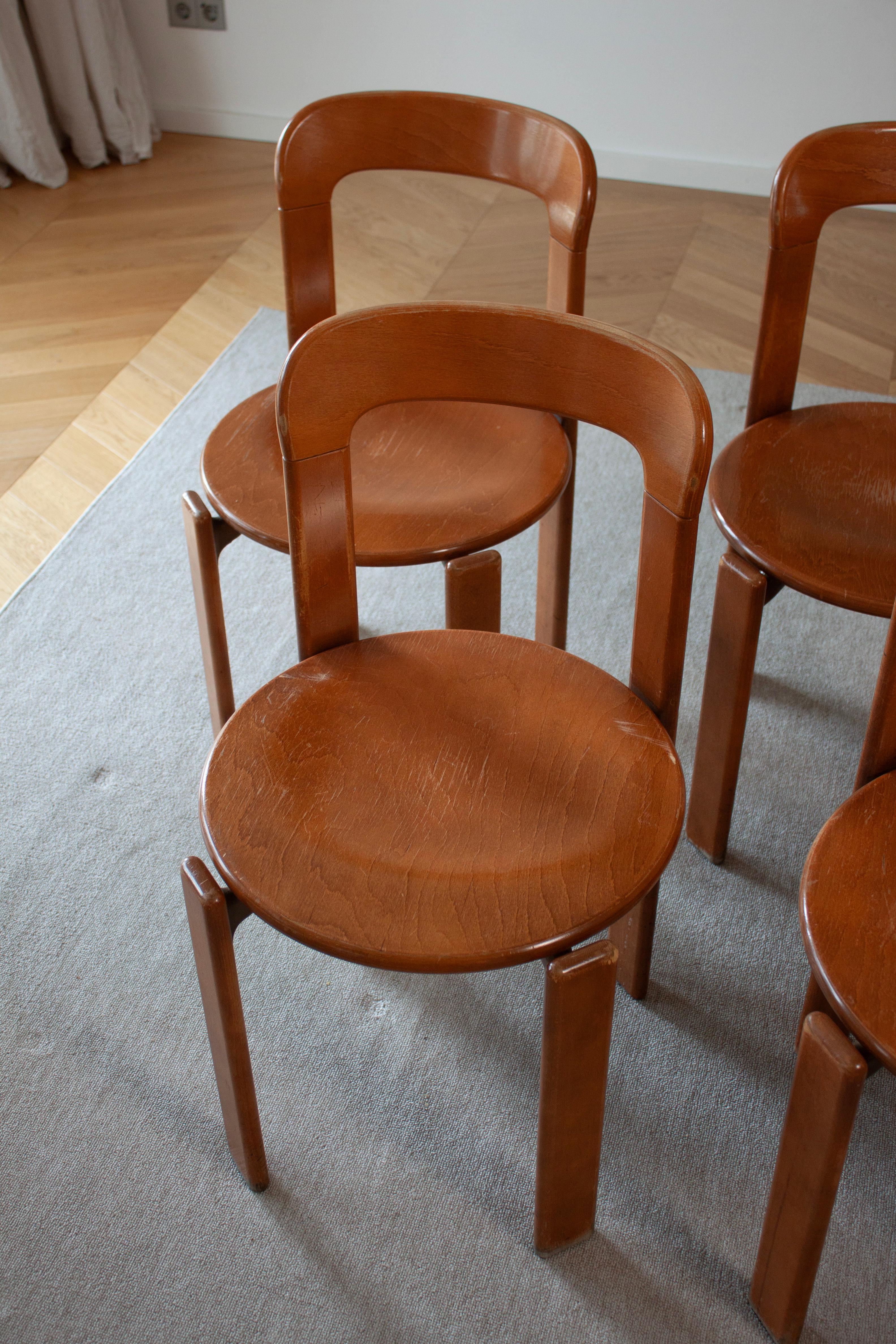 Swiss 6 Vintage Bruno Rey Dining Chairs in Dark Wood Wood by Dietiker For Sale