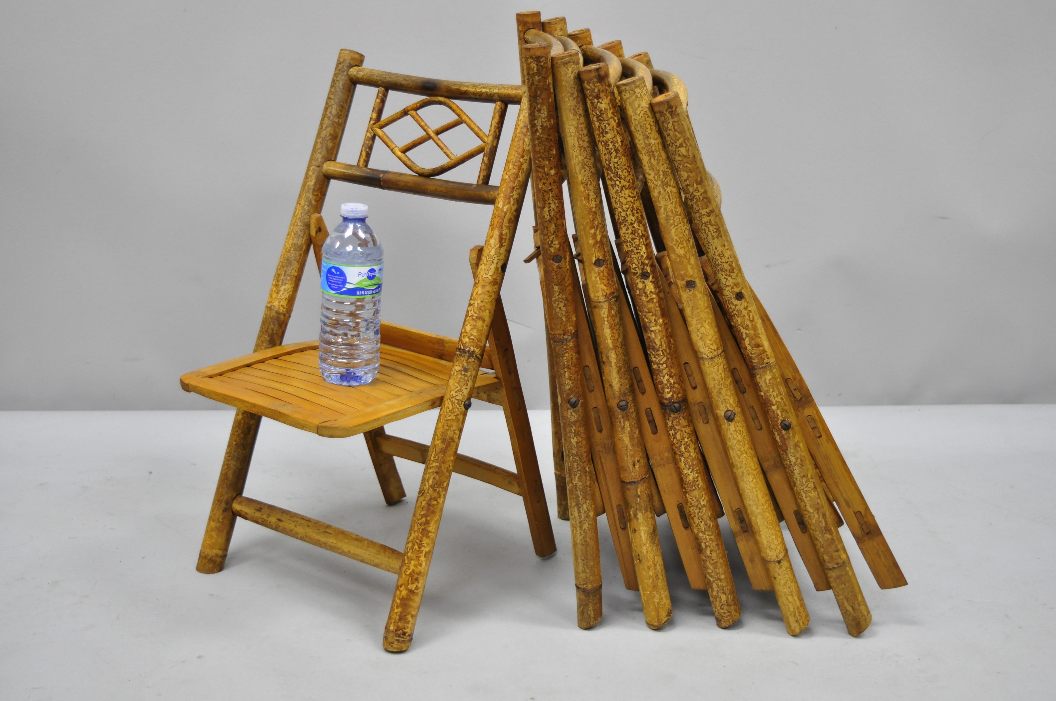 6 vintage children bamboo folding chairs Tiki Rattan cane furniture. (6) children's folding chairs, bamboo wood frames, burnished finish, very nice vintage item, great style and form, circa mid-20th century. Measurements: 23