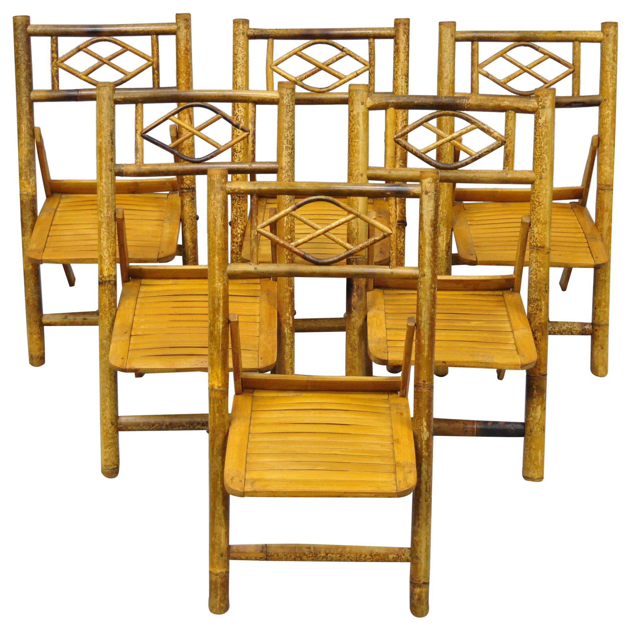 6 Vintage Childrens Bamboo Folding Chairs Tiki Rattan Cane Furniture