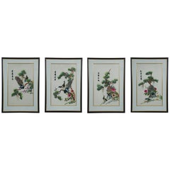 6 Vintage Chinese Silk Embroidered Peacock Bird Pinetree Tapestry Panels