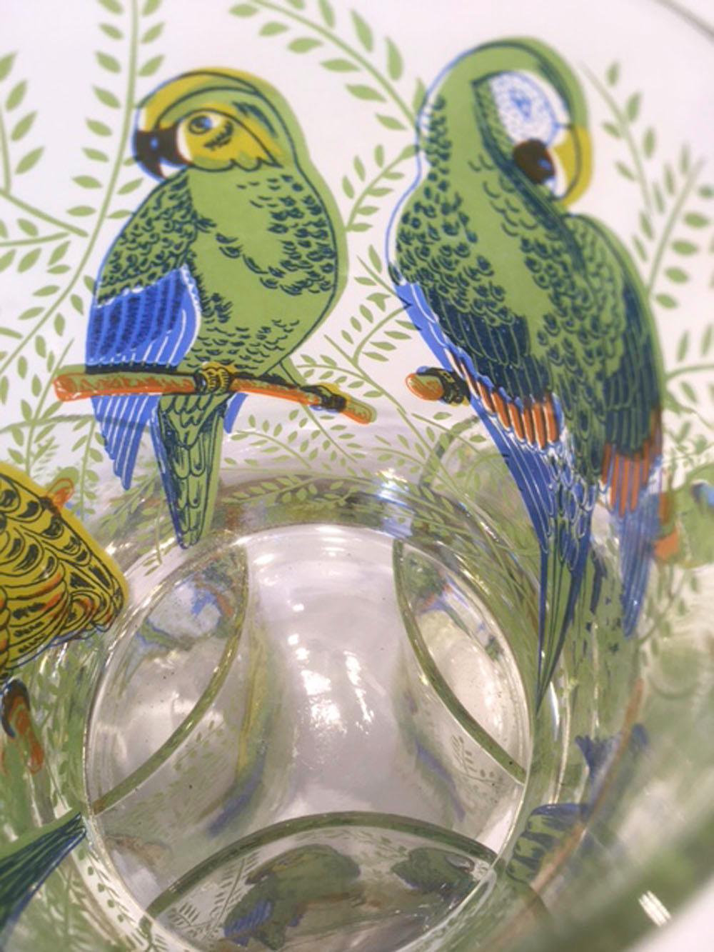 Mid-Century Modern 6 Vintage Cocktail Glasses with Parrots in Foliage Marked Neiman-Marcus