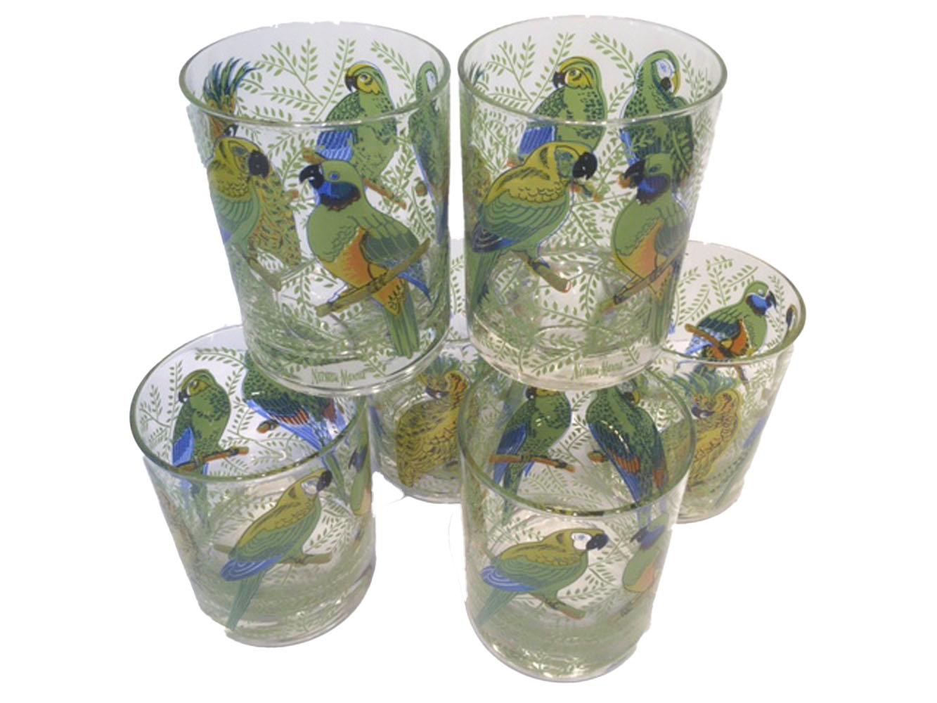 American 6 Vintage Cocktail Glasses with Parrots in Foliage Marked Neiman-Marcus
