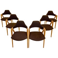 6 Vintage Compass Chairs by Kai Kristiansen in Solid Oak and Wool, Denmark 1950s