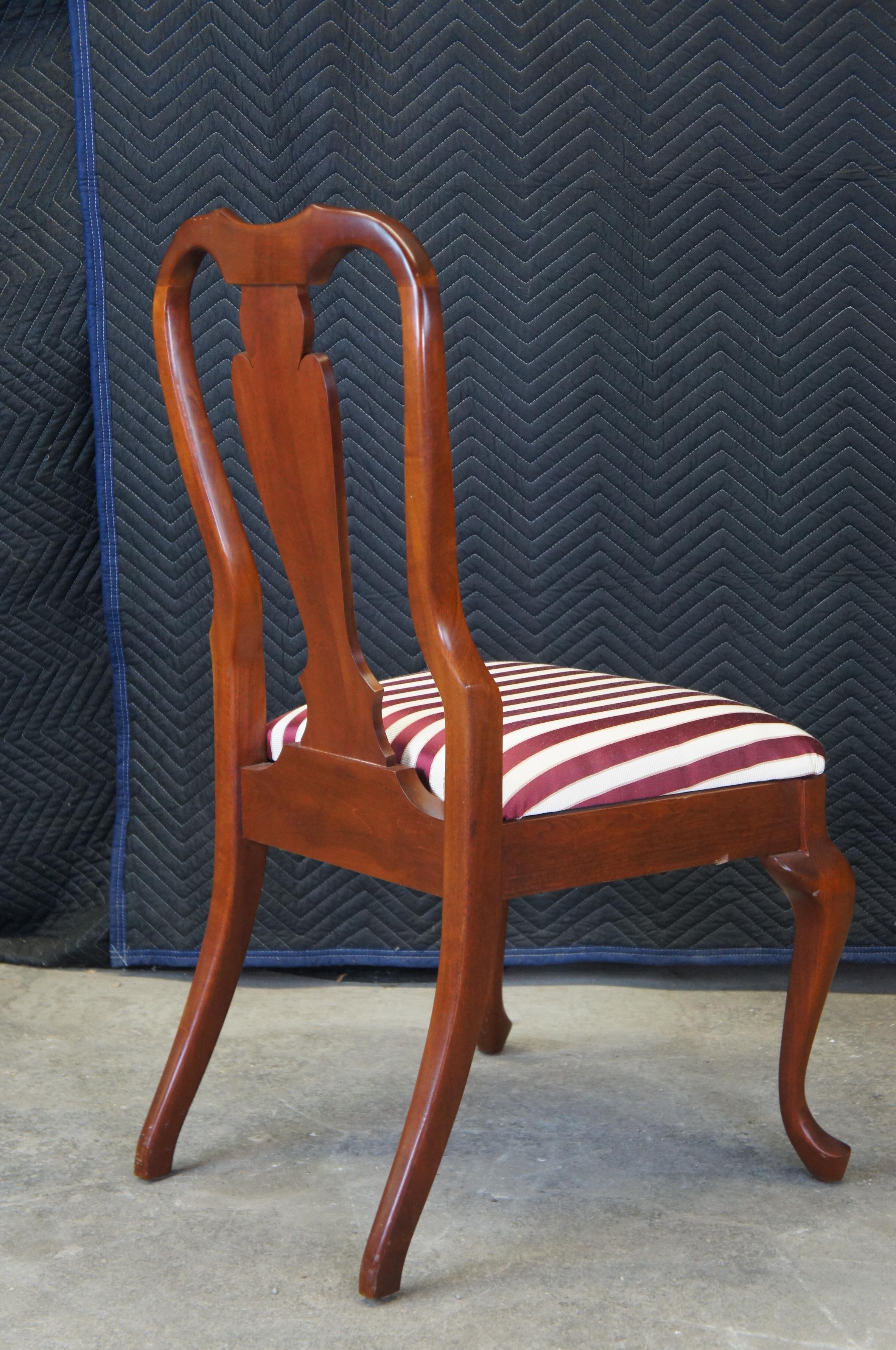 6 Vintage Cresent Queen Anne Style Cherry Dining Chairs Striped Upholstered Seat 7