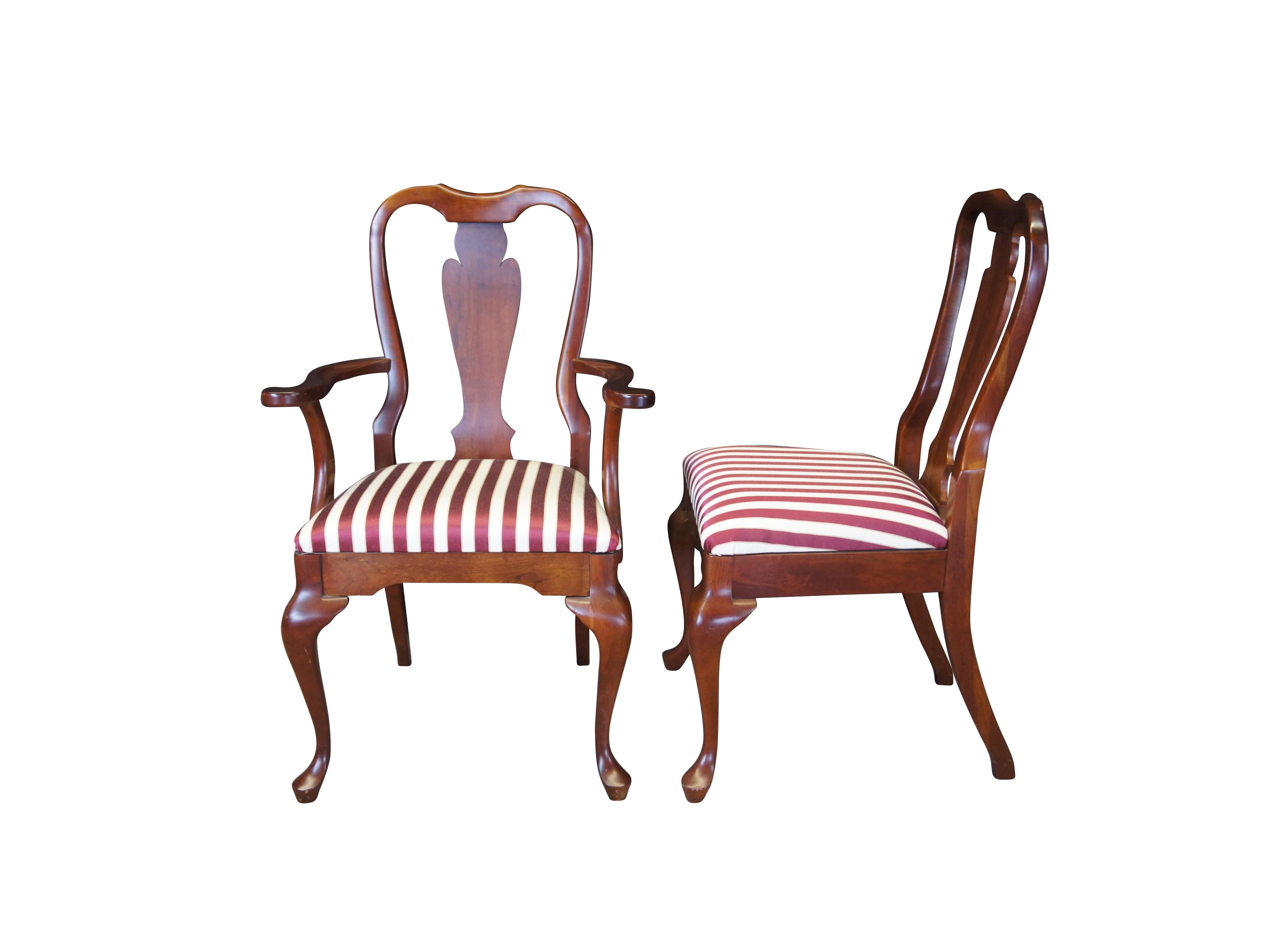 A lovely set of 6 dining chairs by Cresent Manufacturing Company, circa 1970s. Made from Cherry in classic Queen Anne styling. Features a contoured crest rail over vase shaped splat leading to striped upholstery over cabriole legs. No 8320 & 8320