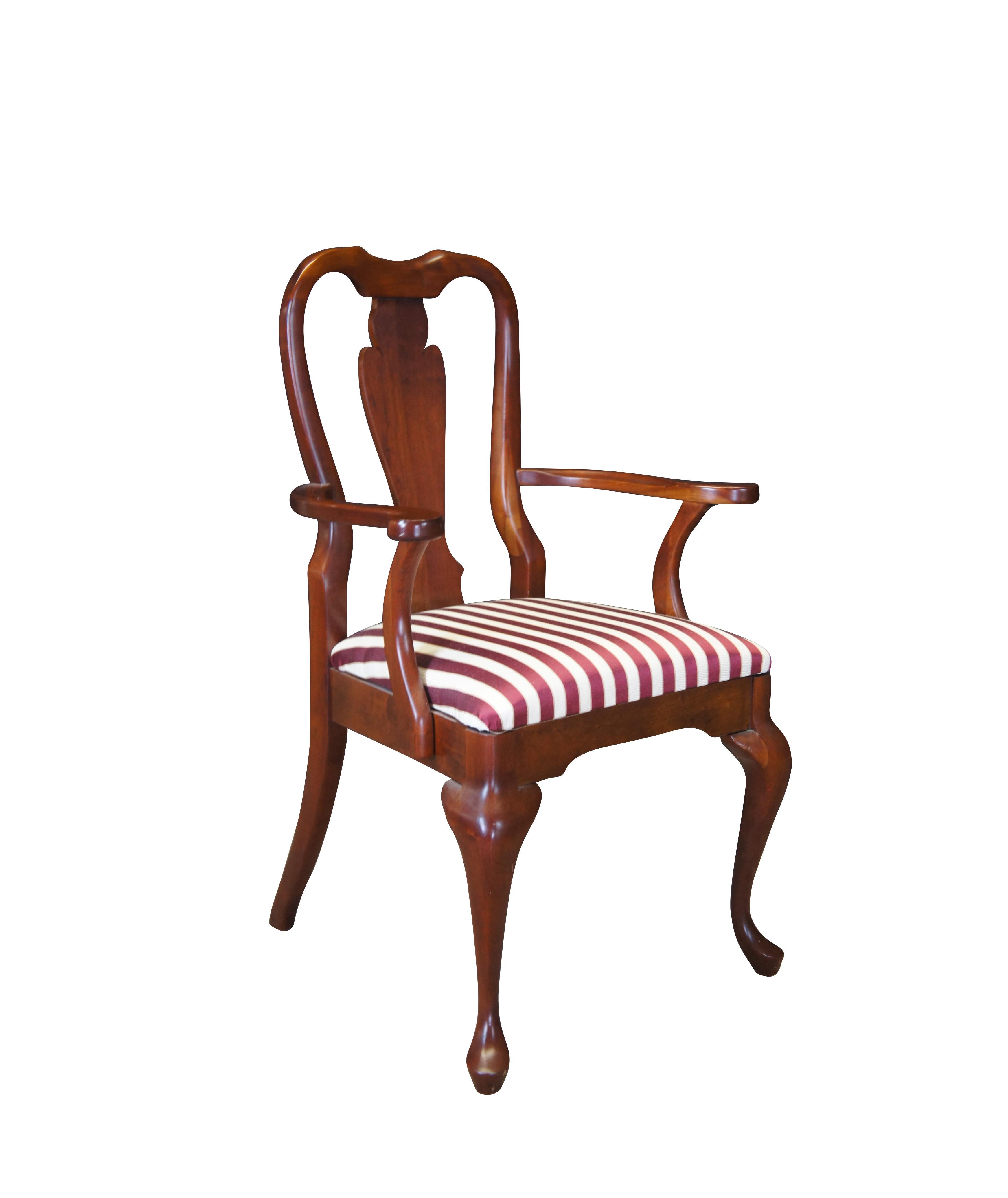 6 Vintage Cresent Queen Anne Style Cherry Dining Chairs Striped Upholstered Seat In Good Condition In Dayton, OH