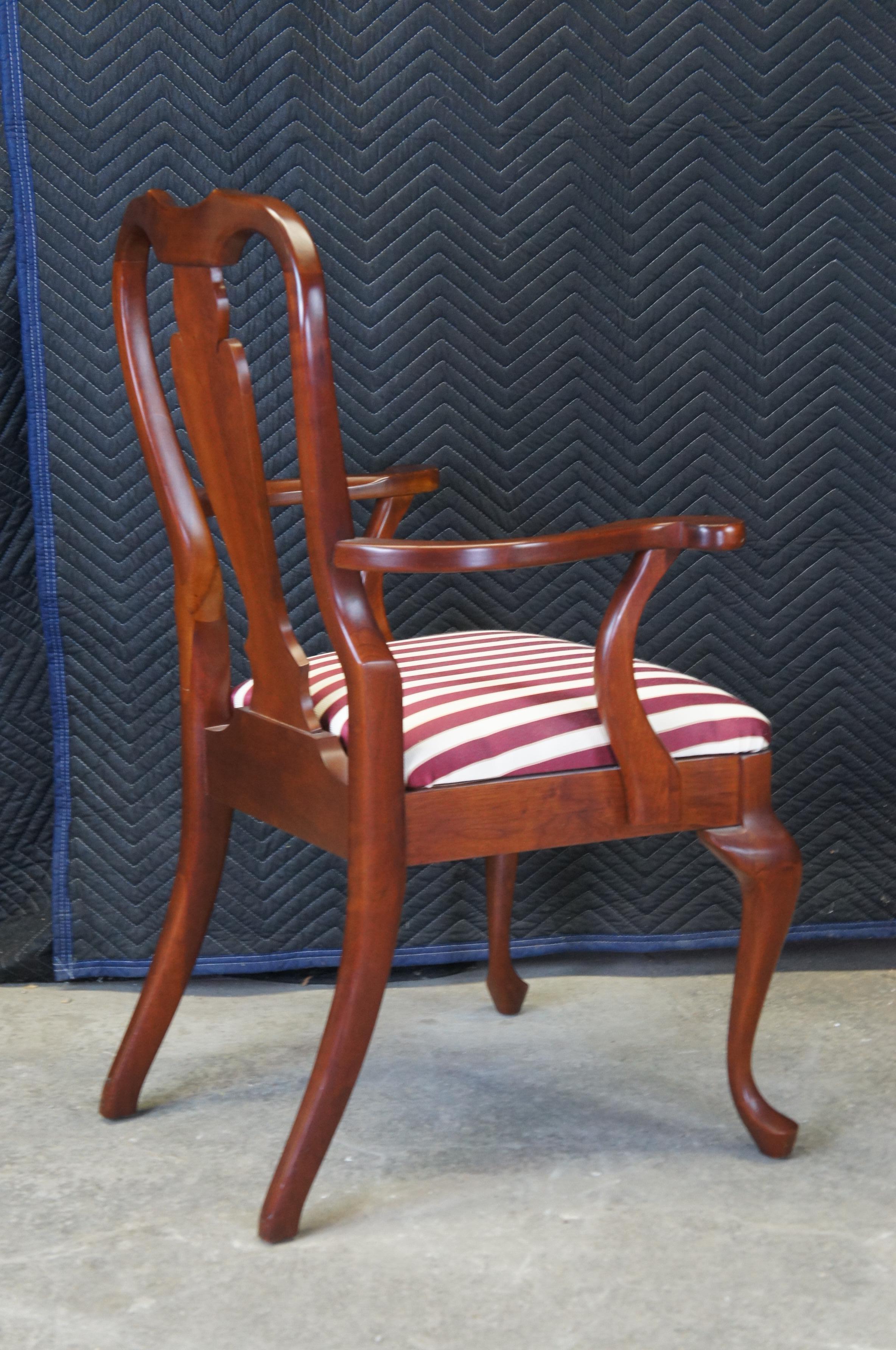 Late 20th Century 6 Vintage Cresent Queen Anne Style Cherry Dining Chairs Striped Upholstered Seat