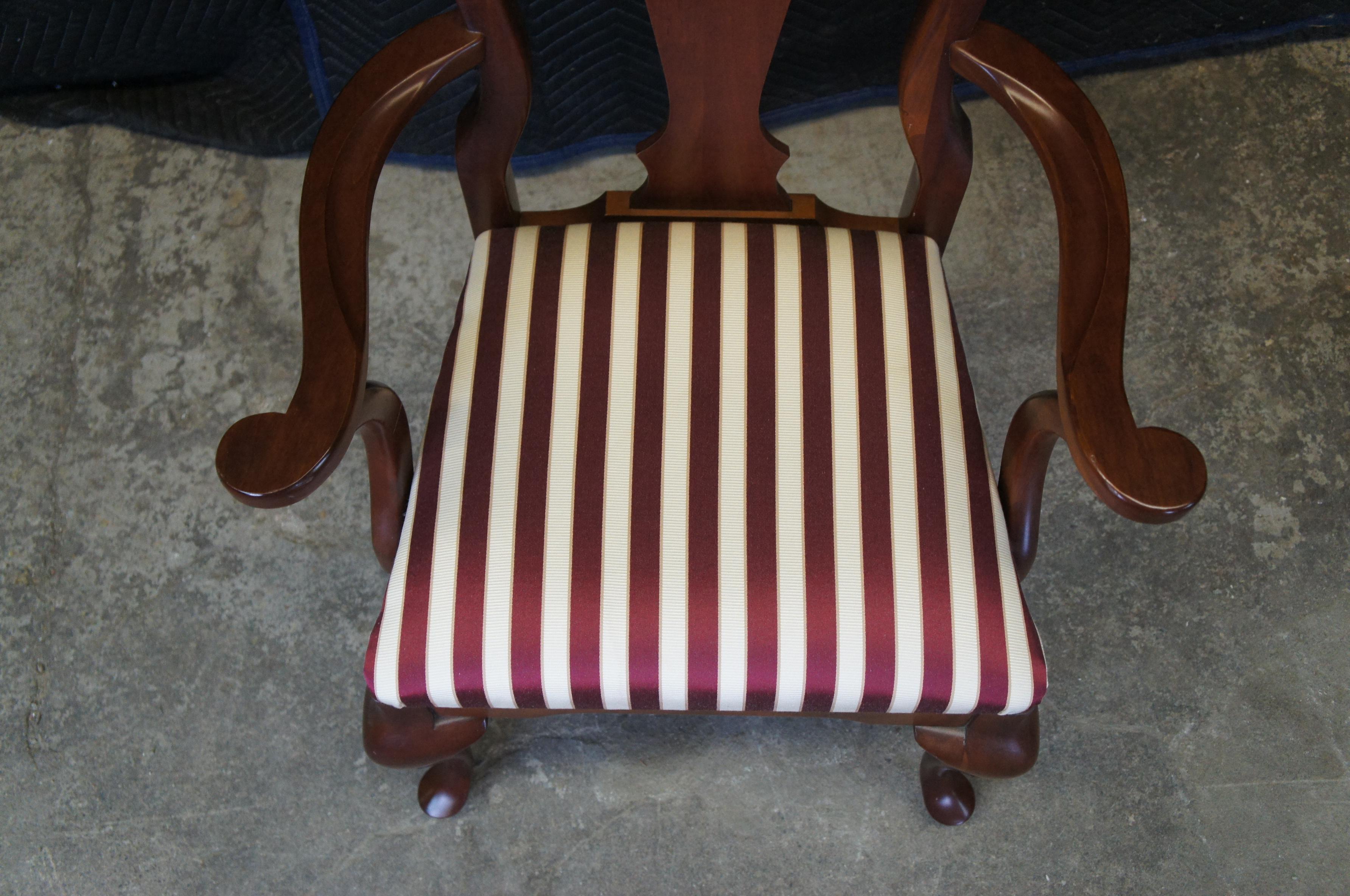 6 Vintage Cresent Queen Anne Style Cherry Dining Chairs Striped Upholstered Seat 1