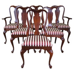 6 Used Cresent Queen Anne Style Cherry Dining Chairs Striped Upholstered Seat