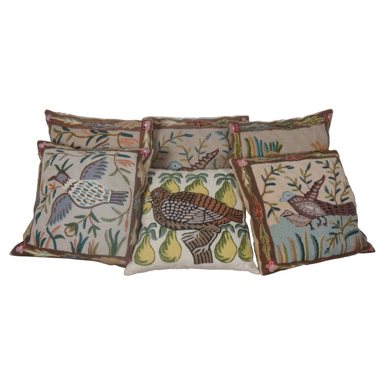 6 Vintage Crewel Embroidered Bird Throw Pillows Retro Floral Velour at