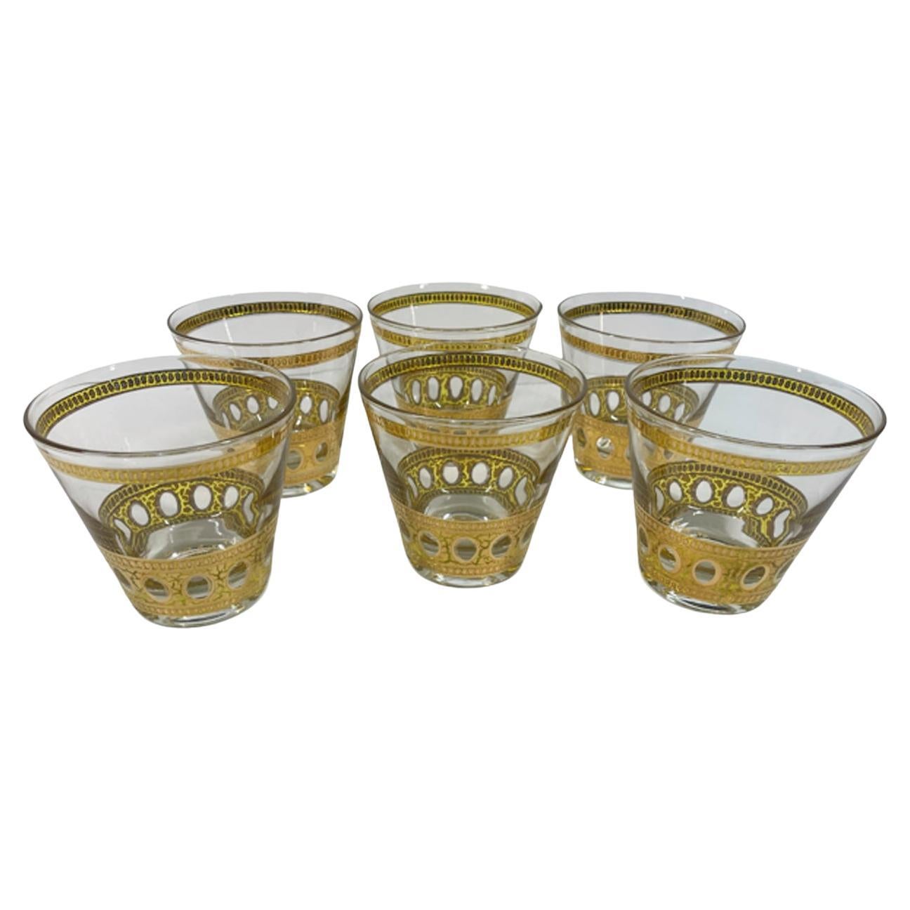 6 Vintage Culver LTD Old Fashioned Glasses in the 22 Karat Gold Antigua Pattern