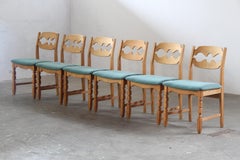 6 Vintage Danish Brutalist Oak Razorblade Dining Chairs, H. Kjærnulf style 1960s
