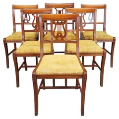 6 chaises de salle à manger vintage Duncan Phyfe en acajou de style Klismos avec dossier à harpes en forme de lyre