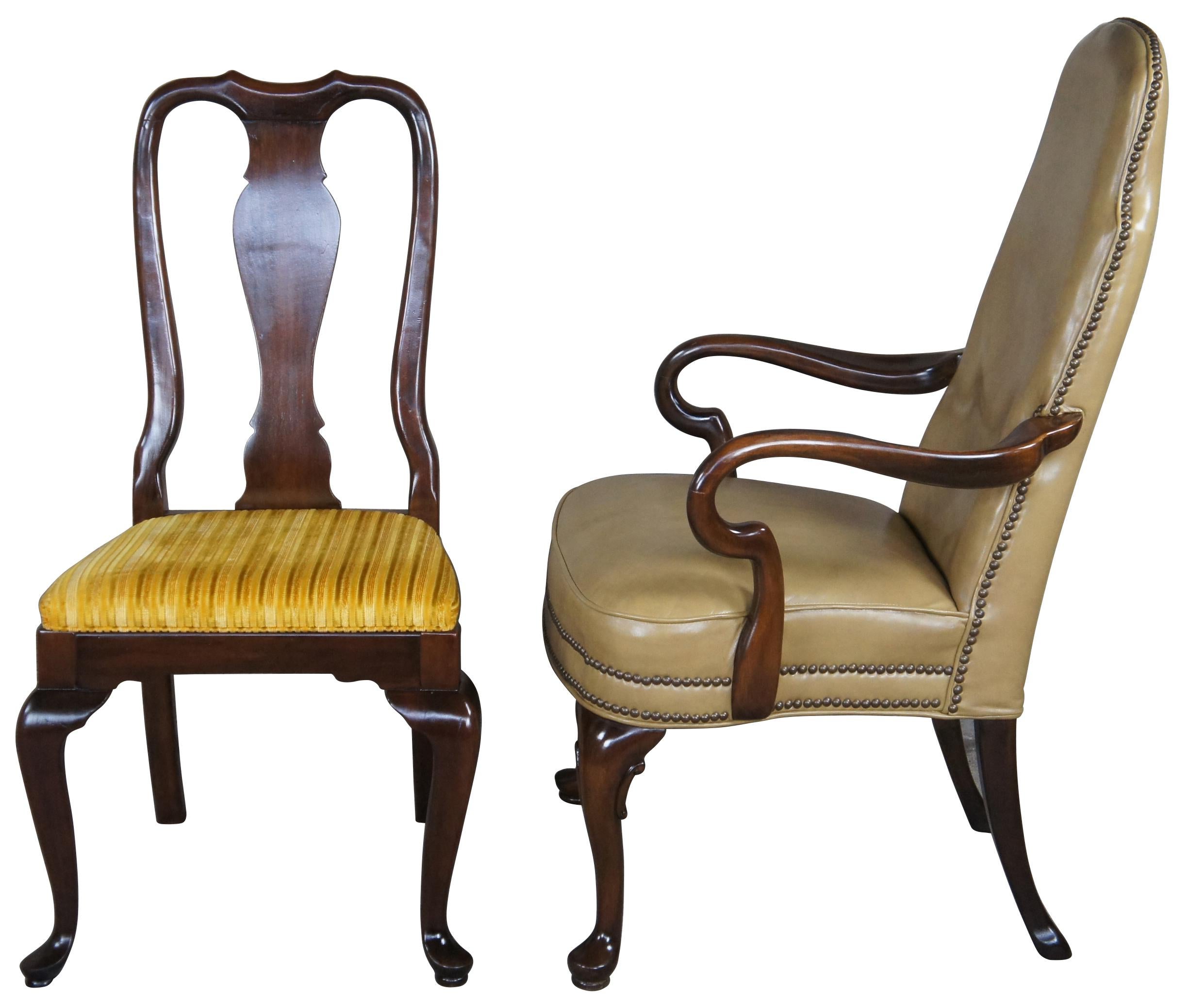 Circa 1980s Ethan Allen Georgian Court dining chairs. Made from solid cherry in Queen Anne styling. Features a shaped crest rail over vase shaped splat leading to seats supported by cabriole legs with pad feet. Set includes 4 side chairs and 2