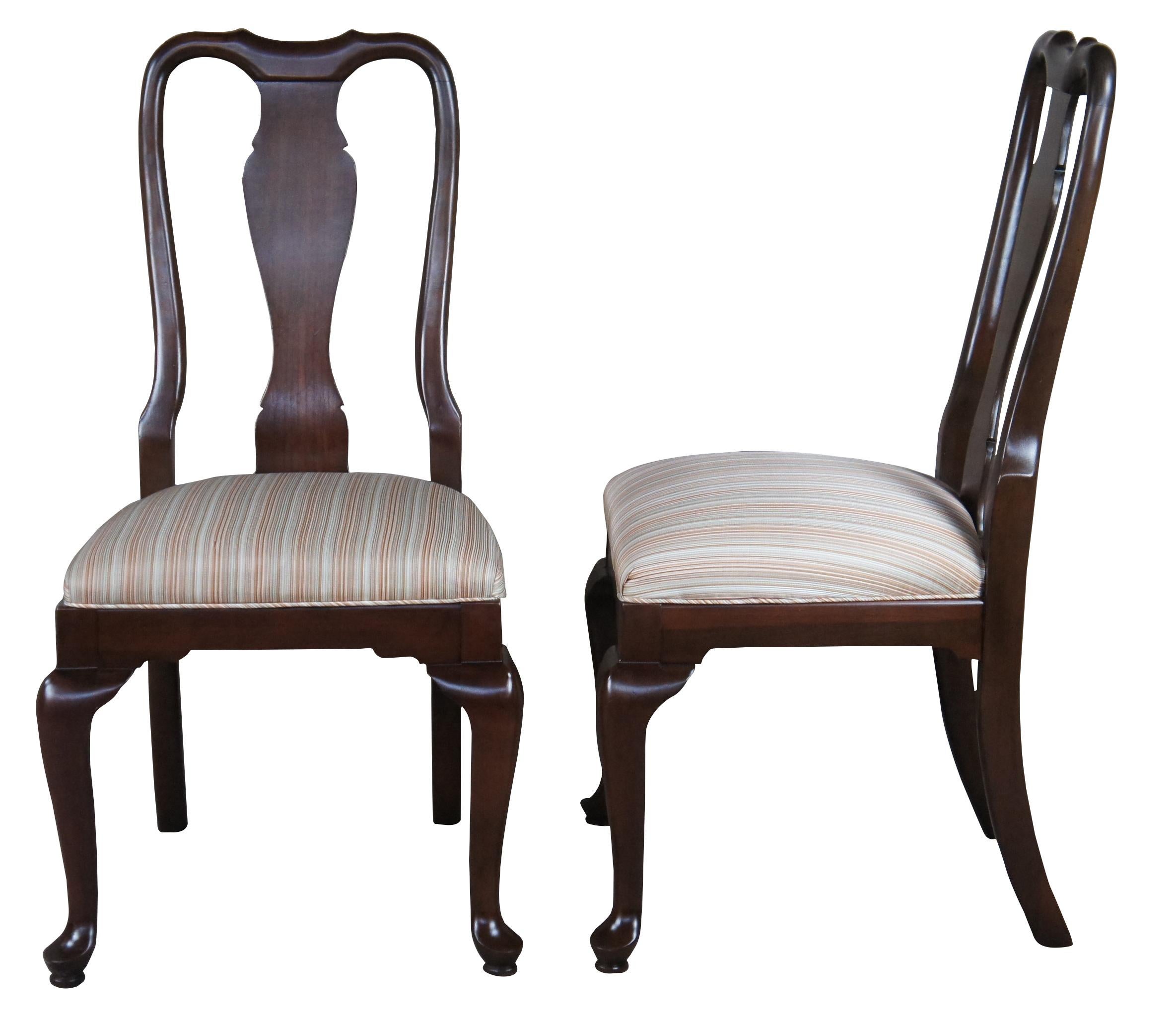 Circa 1980s Ethan Allen Georgian Court Dining Chairs. Made from solid cherry in Queen Anne styling. Features a shaped crest rail over vase shaped splat leading to seats supported by cabriole legs with pad feet. Set includes 6 side chairs. 11-2611