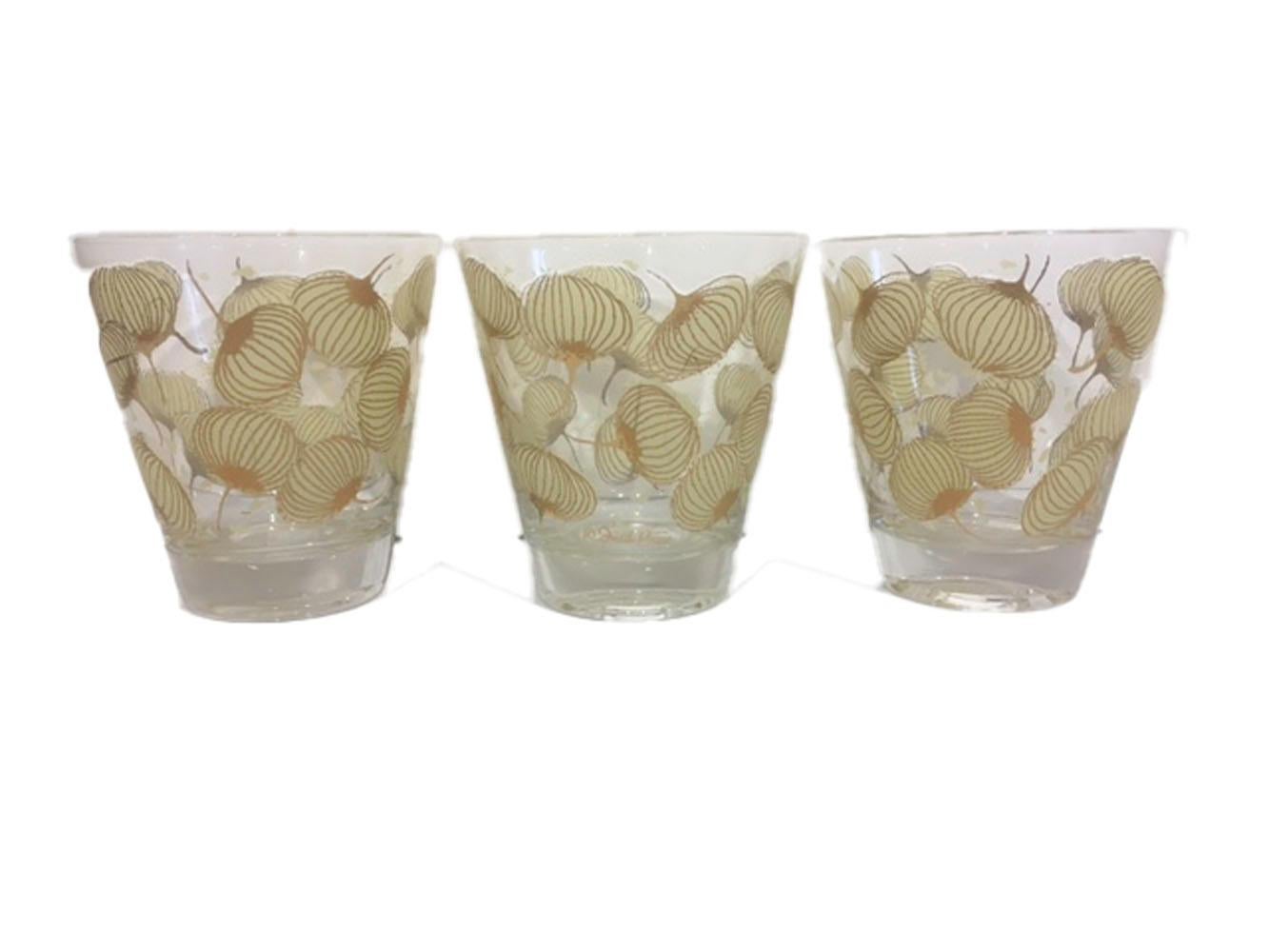 Mid-Century Modern 6 Vintage Fred Press Double Old Fashioned Glasses with Tan Enamel and 22k Gold