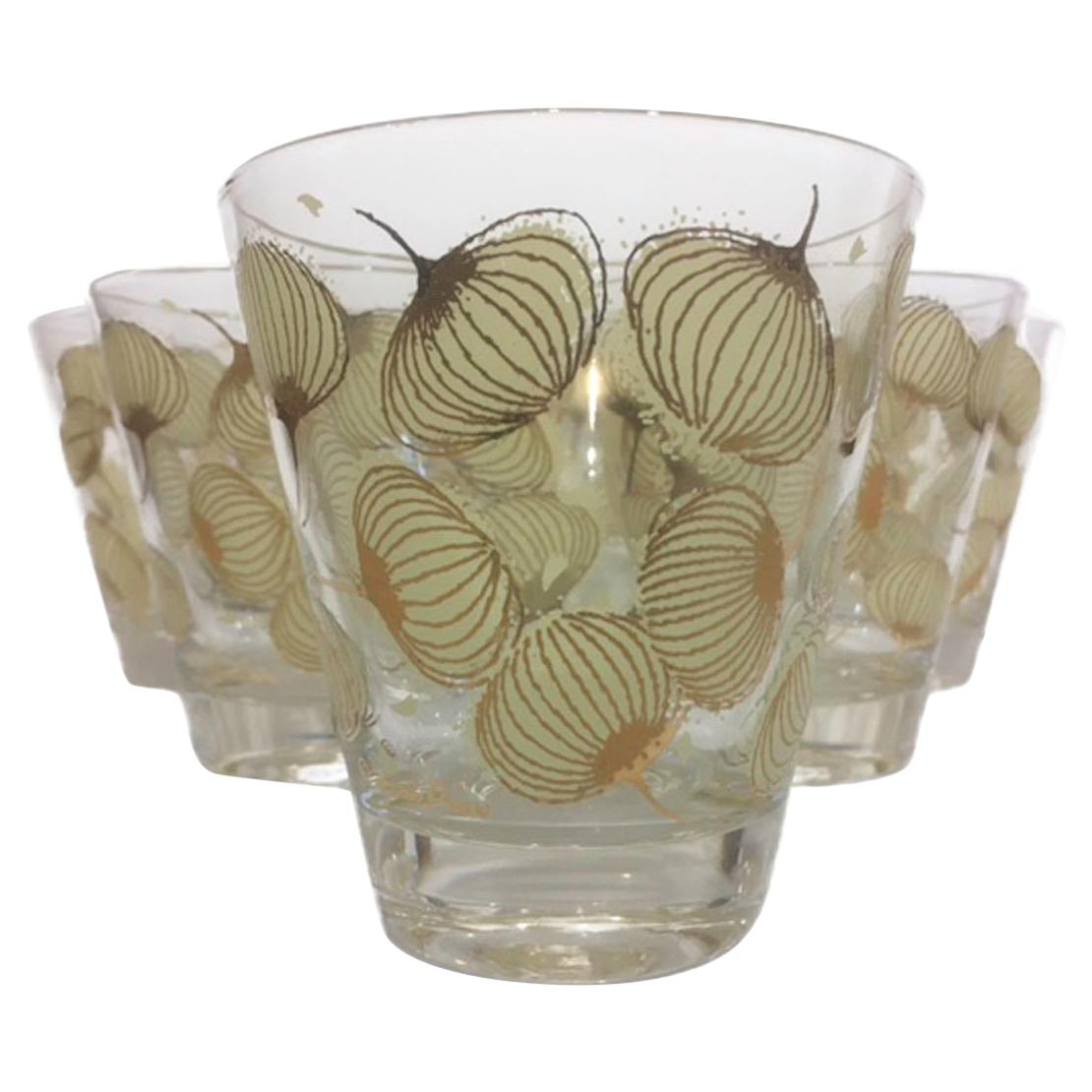 6 Vintage Fred Press Double Old Fashioned Glasses with Tan Enamel and 22k Gold