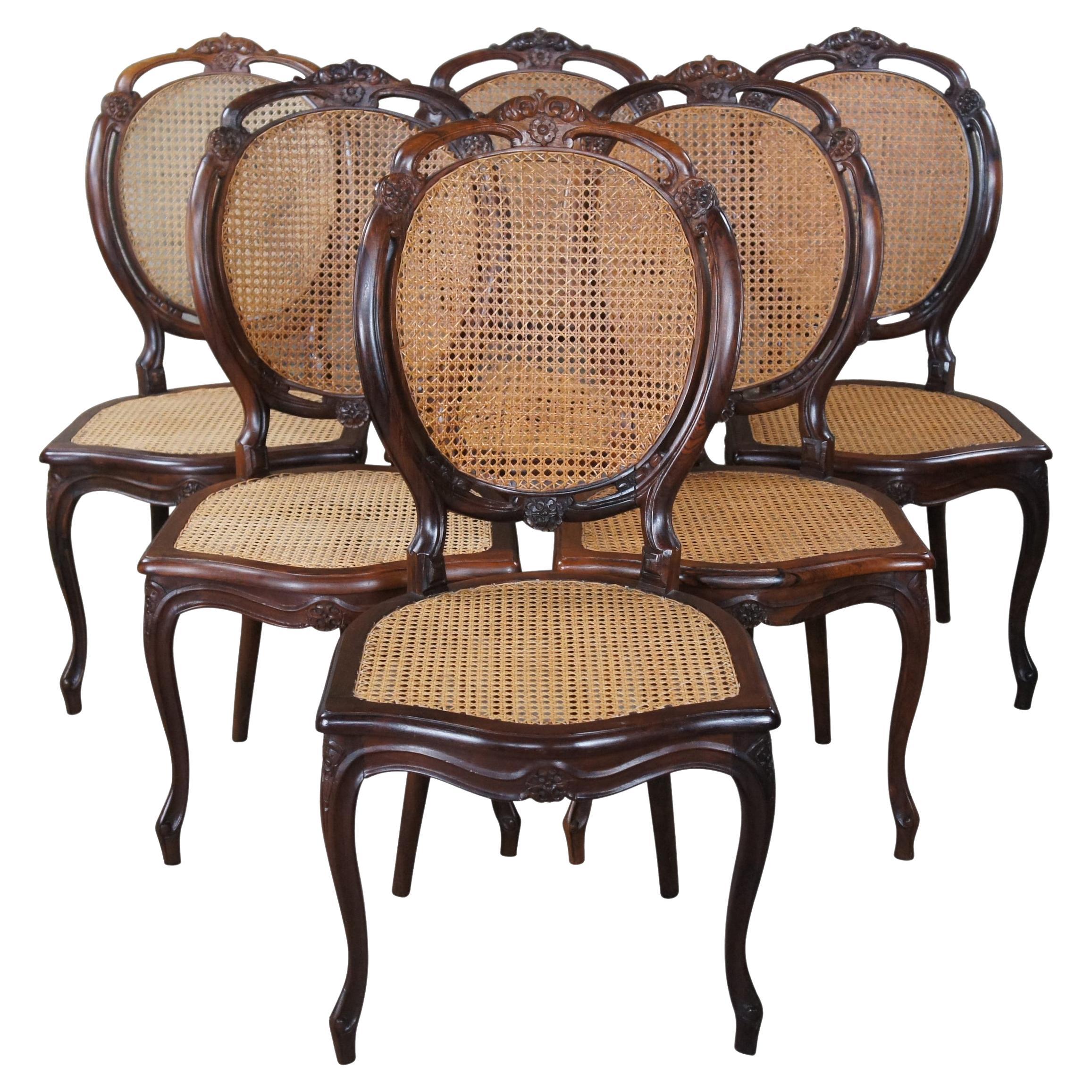 6 Vintage French Louis XV Style Carved Balloon Back Caned Dining Chairs For Sale