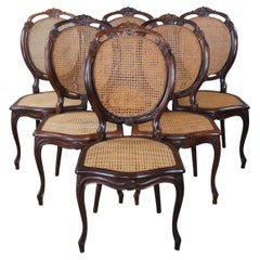 6 Vintage French Louis XV Style Rosewood Carved Balloon Back Caned Dining Chairs