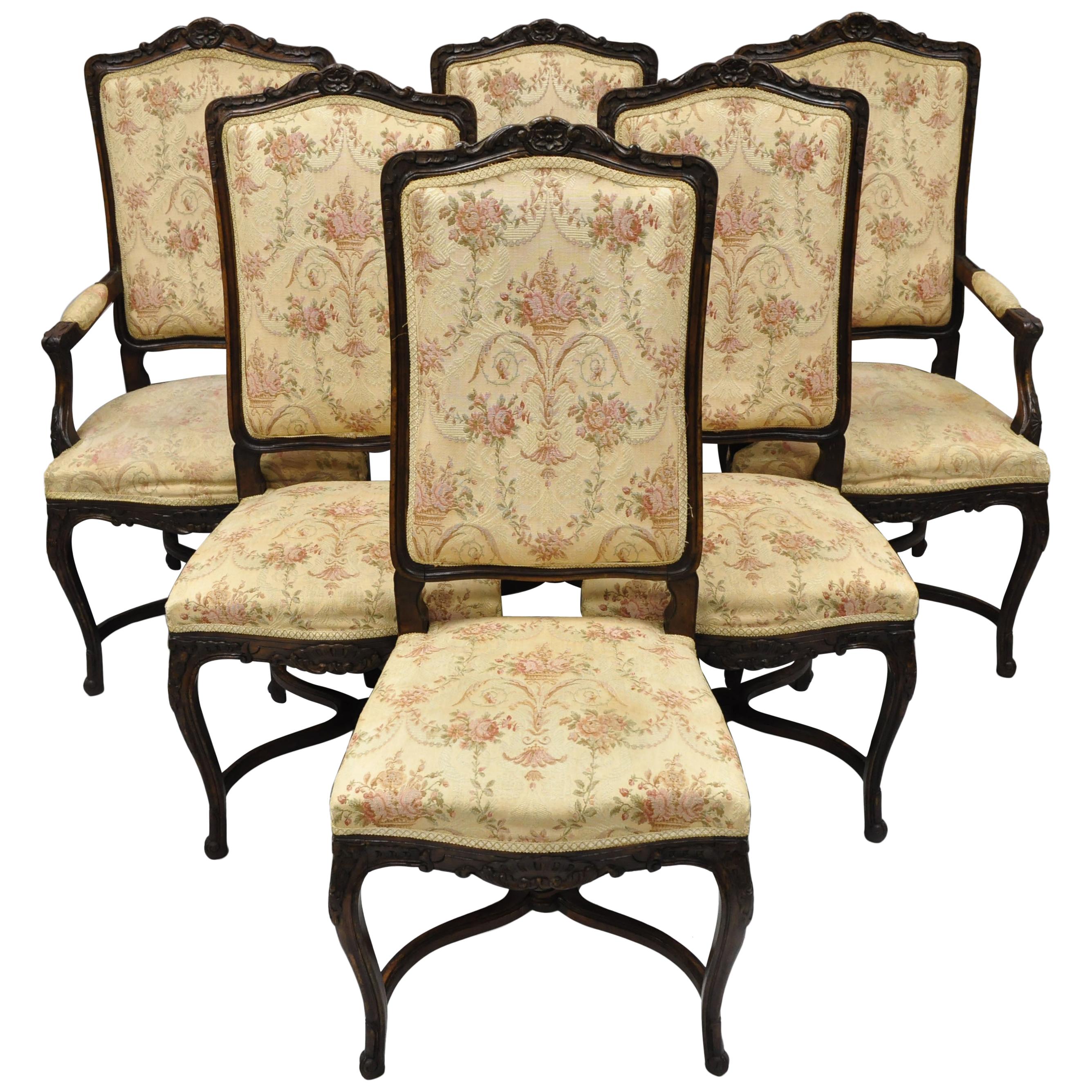 6 Vintage French Provincial Louis XV Country Style Upholstered Dining Chairs Set