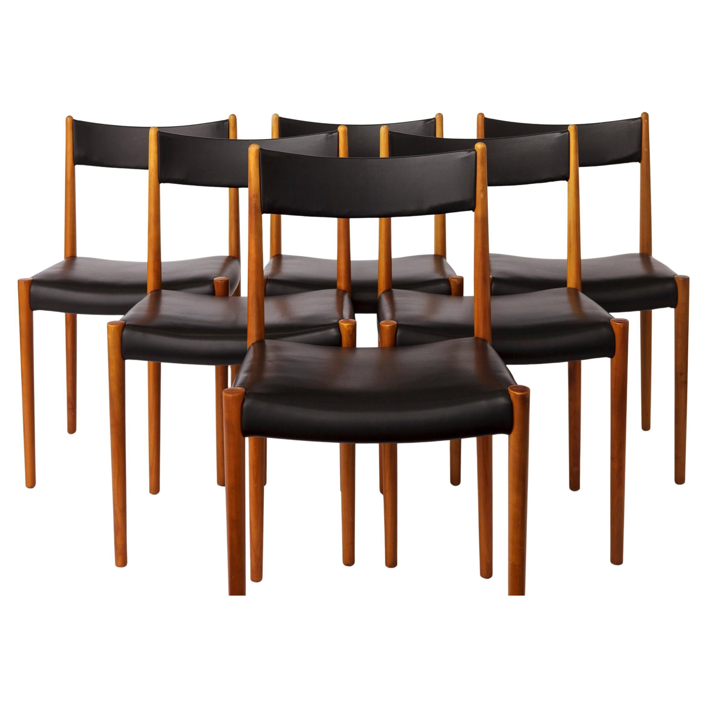 6 Vintage German Dining Chairs by Lübke, 1970s, Beech Wood & Black Faux Leather