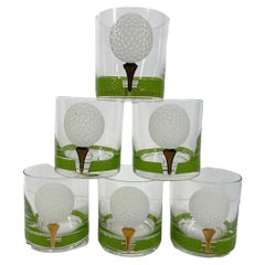 6 Vintage Golf Themed Rocks Glasses with a Golf Ball on a 22 Karat Gold Tee