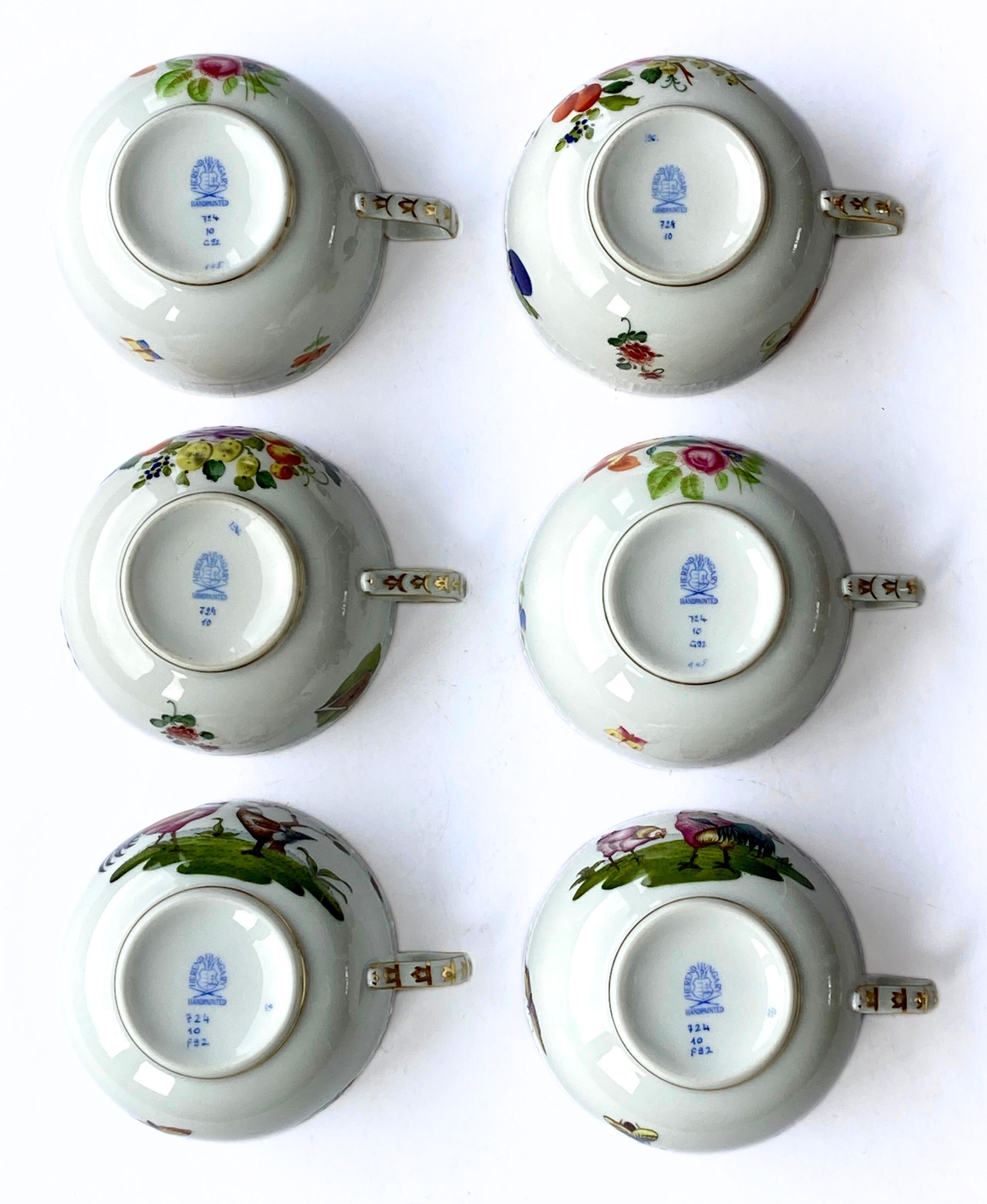 6 Tazas de Té Vintage Húngaras de Herend #724, Pájaro Rotschild y Ramo Sajón en venta 11