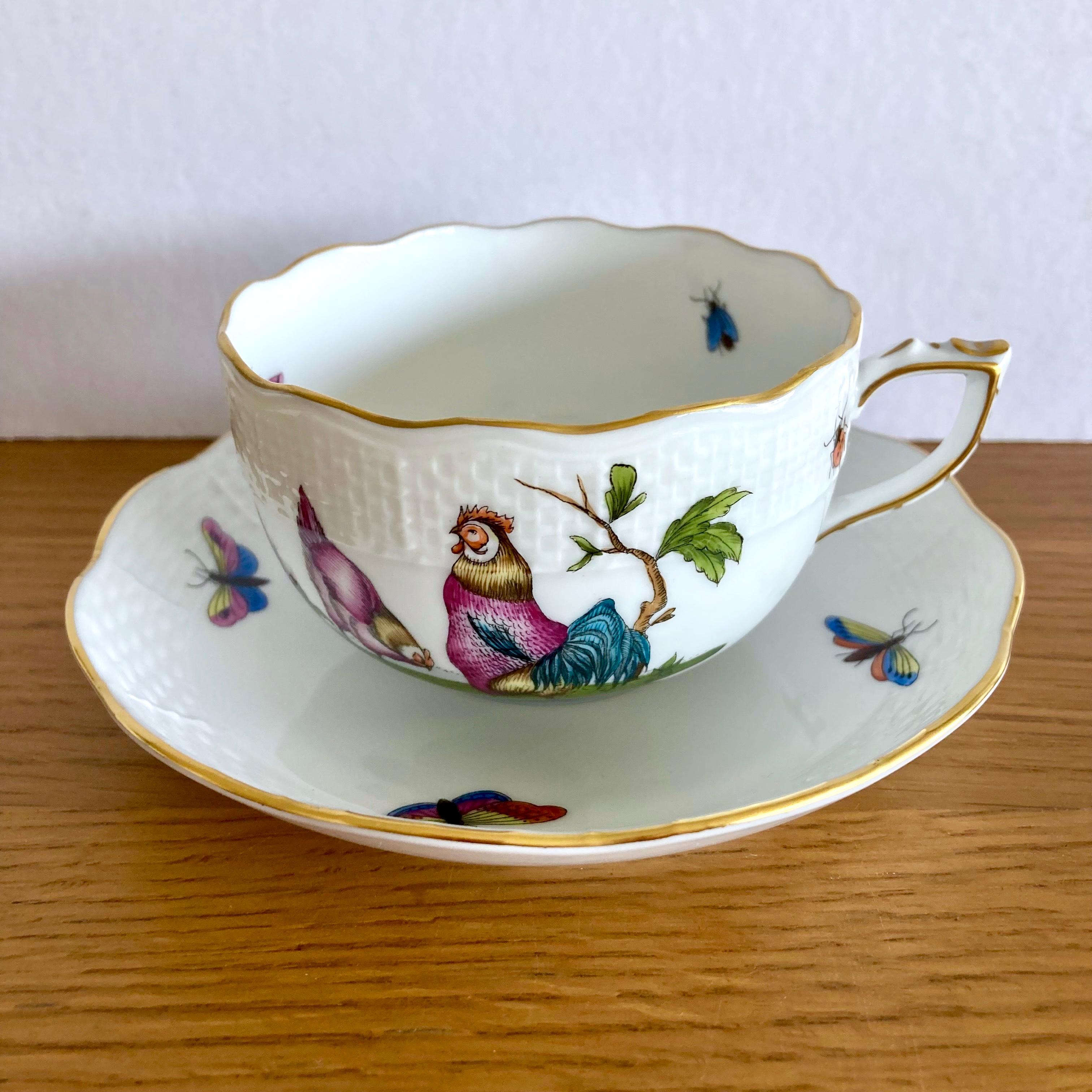 6 Tazas de Té Vintage Húngaras de Herend #724, Pájaro Rotschild y Ramo Sajón Húngaro en venta