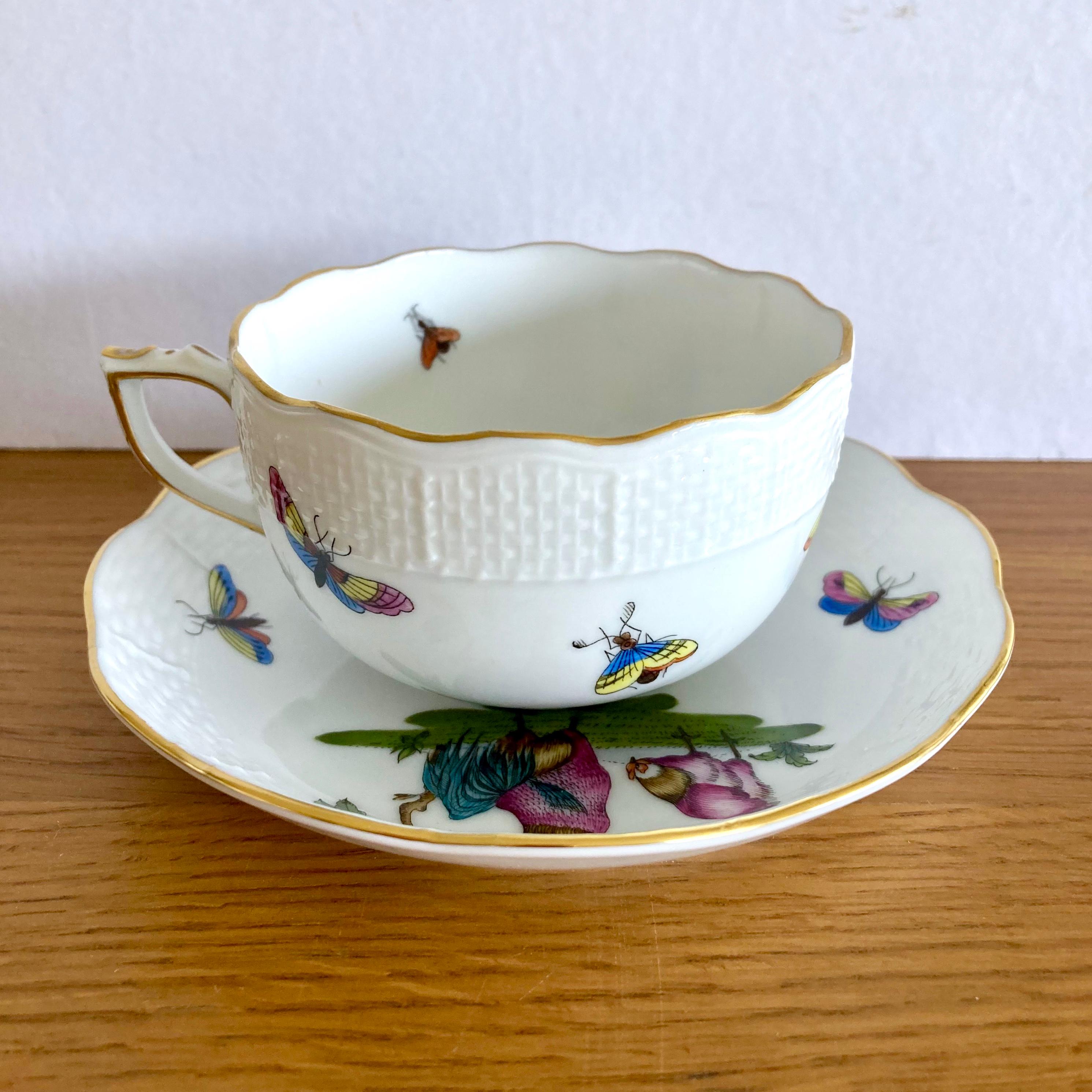 6 Tazas de Té Vintage Húngaras de Herend #724, Pájaro Rotschild y Ramo Sajón en venta 1