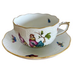 6 Vintage Hungarian Tea Cups by Herend #724, Rotschild Bird & Saxon Bouquet