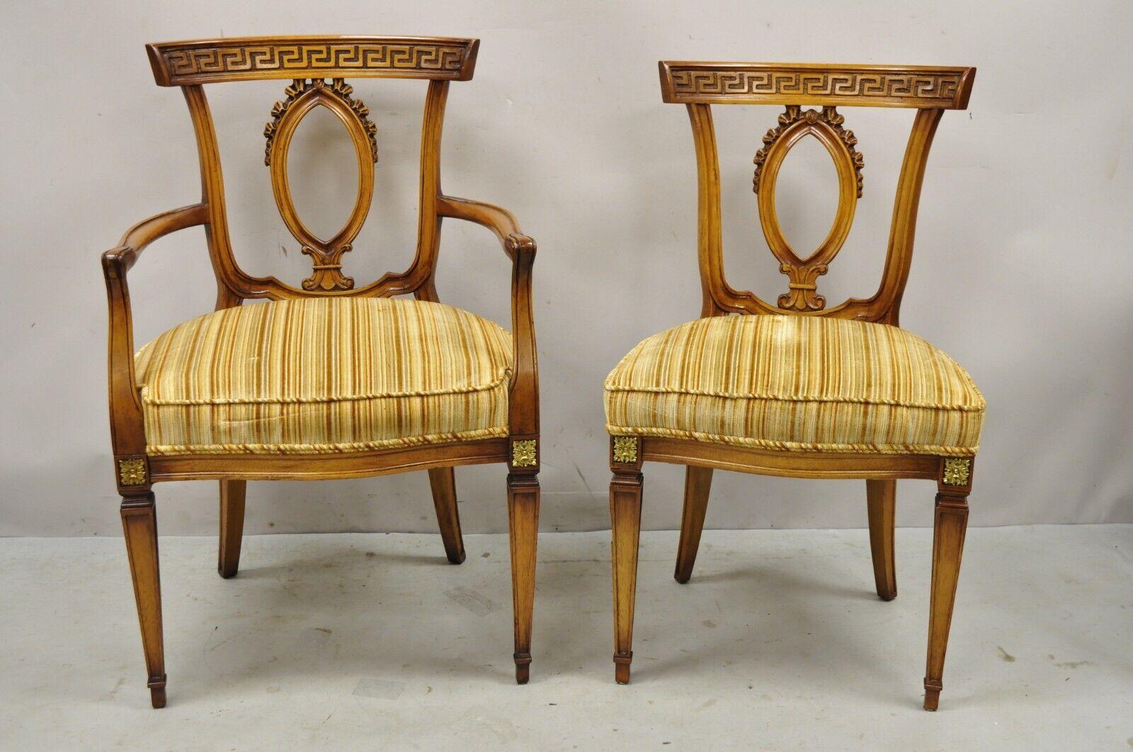 6 Vintage Italian Hollywood Regency walnut Greek Neoclassical key dining chairs. Item features (2) armchairs, (4) side chairs, carved Greek key backrests, brass ormolu to legs, solid wood frames, beautiful wood grain, nicely carved details, tapered