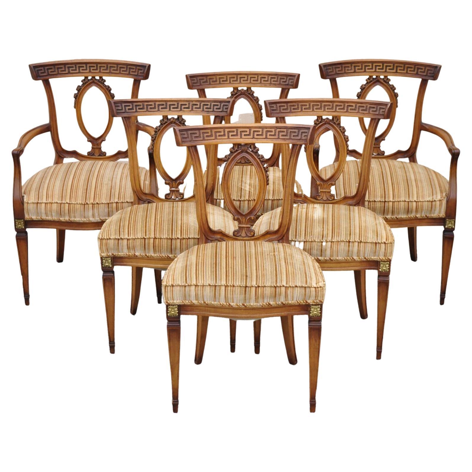 6 Vintage Italian Hollywood Regency Walnut Greek Key Neoclassical Dining Chairs