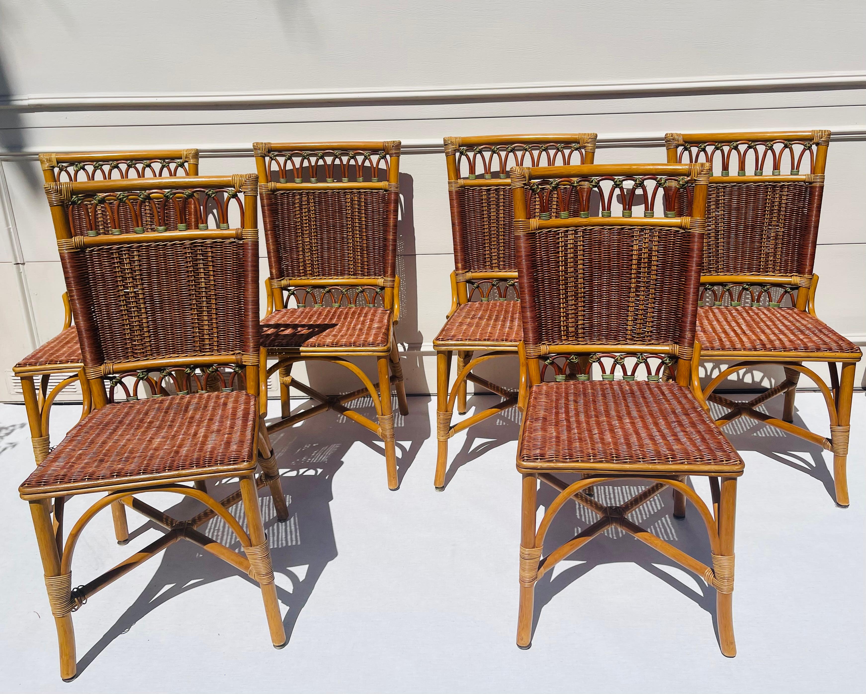 Organic Modern 6 Vintage McGuire Woven Rattan Bamboo Chairs Set For Sale