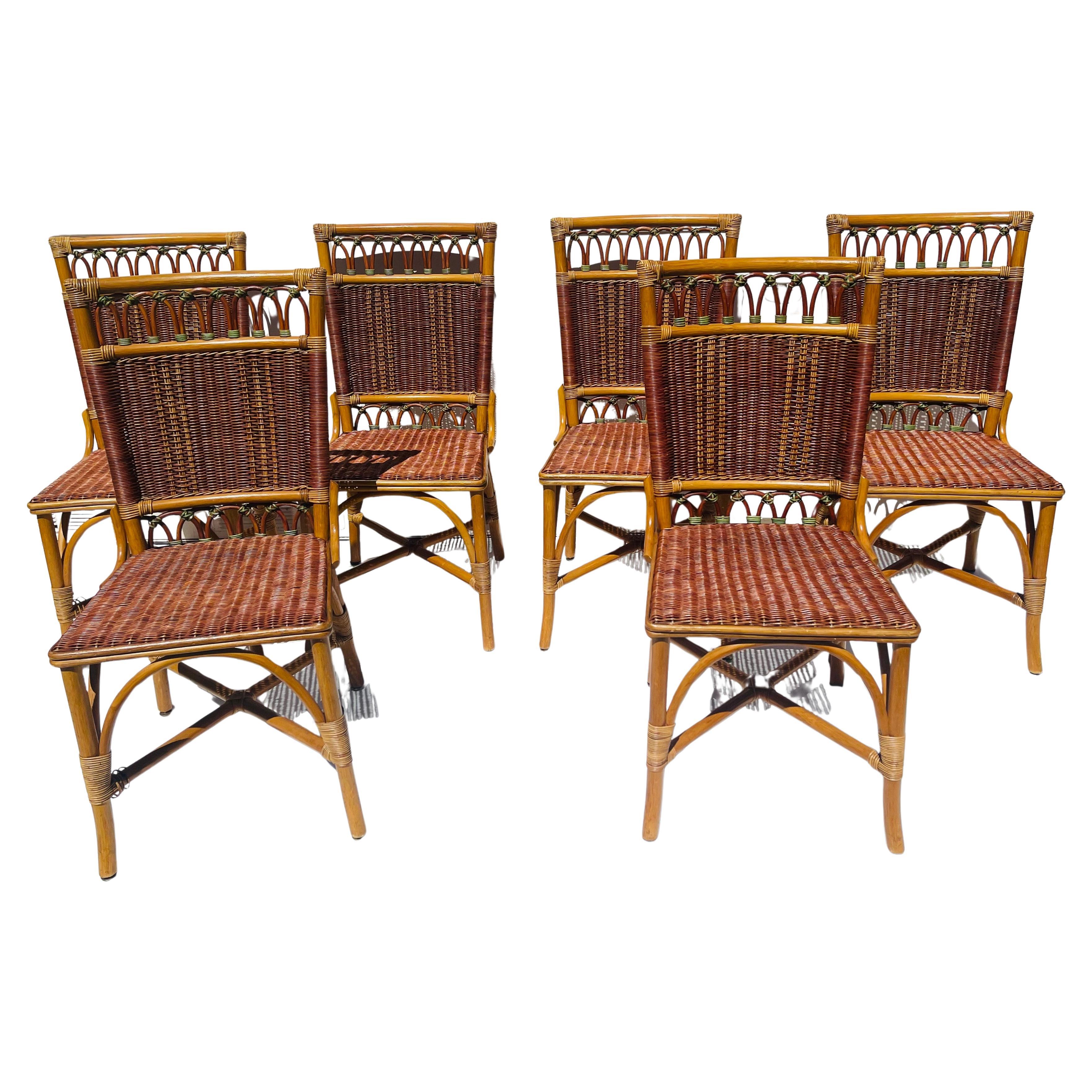 6 Vintage McGuire Woven Rattan Bamboo Chairs Set For Sale