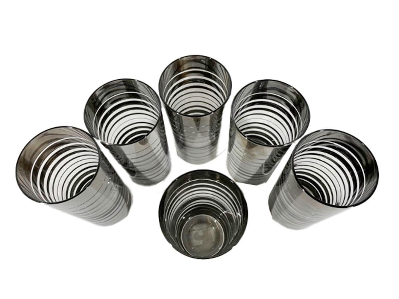 20th Century 6 Vintage Mid-Century Modern Highball Glasses with Graduated Silver Bands For Sale