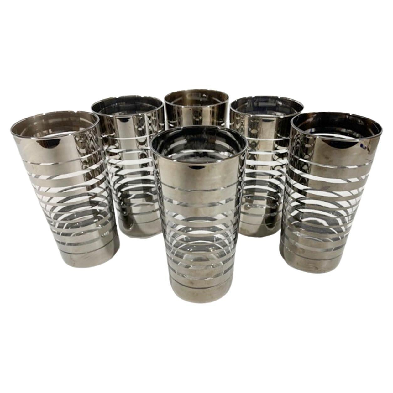 6 Vintage Mid-Century Modern Highball Glasses with Graduated Silver Bands
