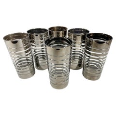 6 Retro Mid-Century Modern Highball Glasses with Graduated Silver Bands