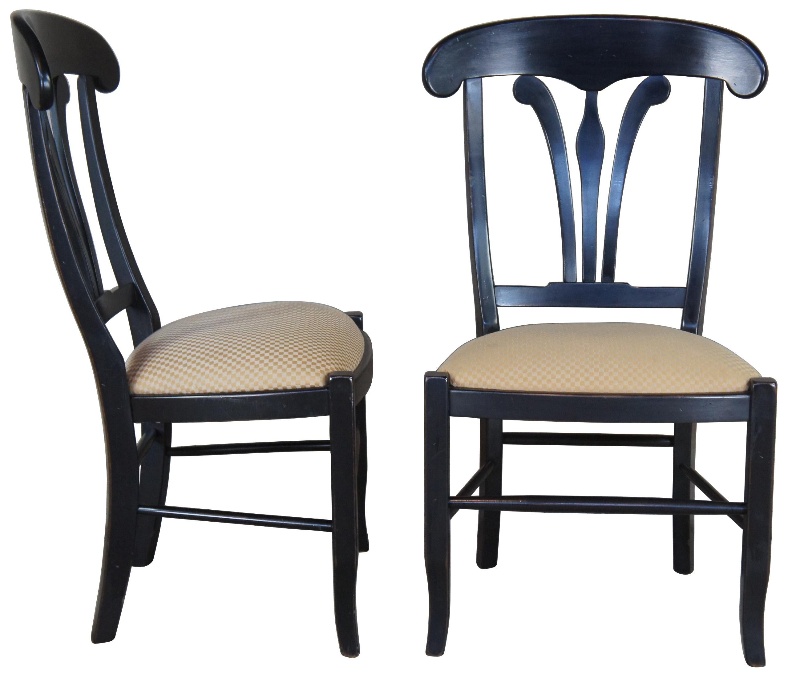 Six Nichols & Stone country manor farmhouse dining chairs. Features a black maple frame and gold checked fabric seat. 381UQ - 210 - 92.
     