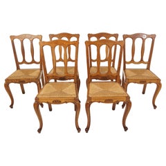 6 Vintage Oak Dining Chairs with Rush Seats, France 1920, H778