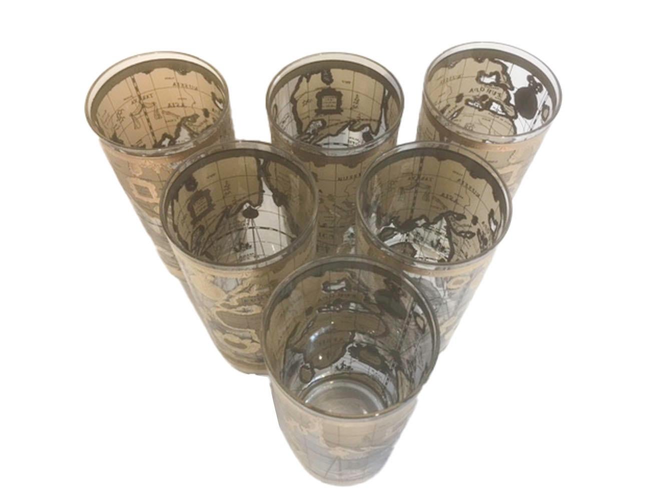 Mid-Century Modern 6 Vintage Old World Map Highball Glasses with a Circular Vinyl Caddy For Sale