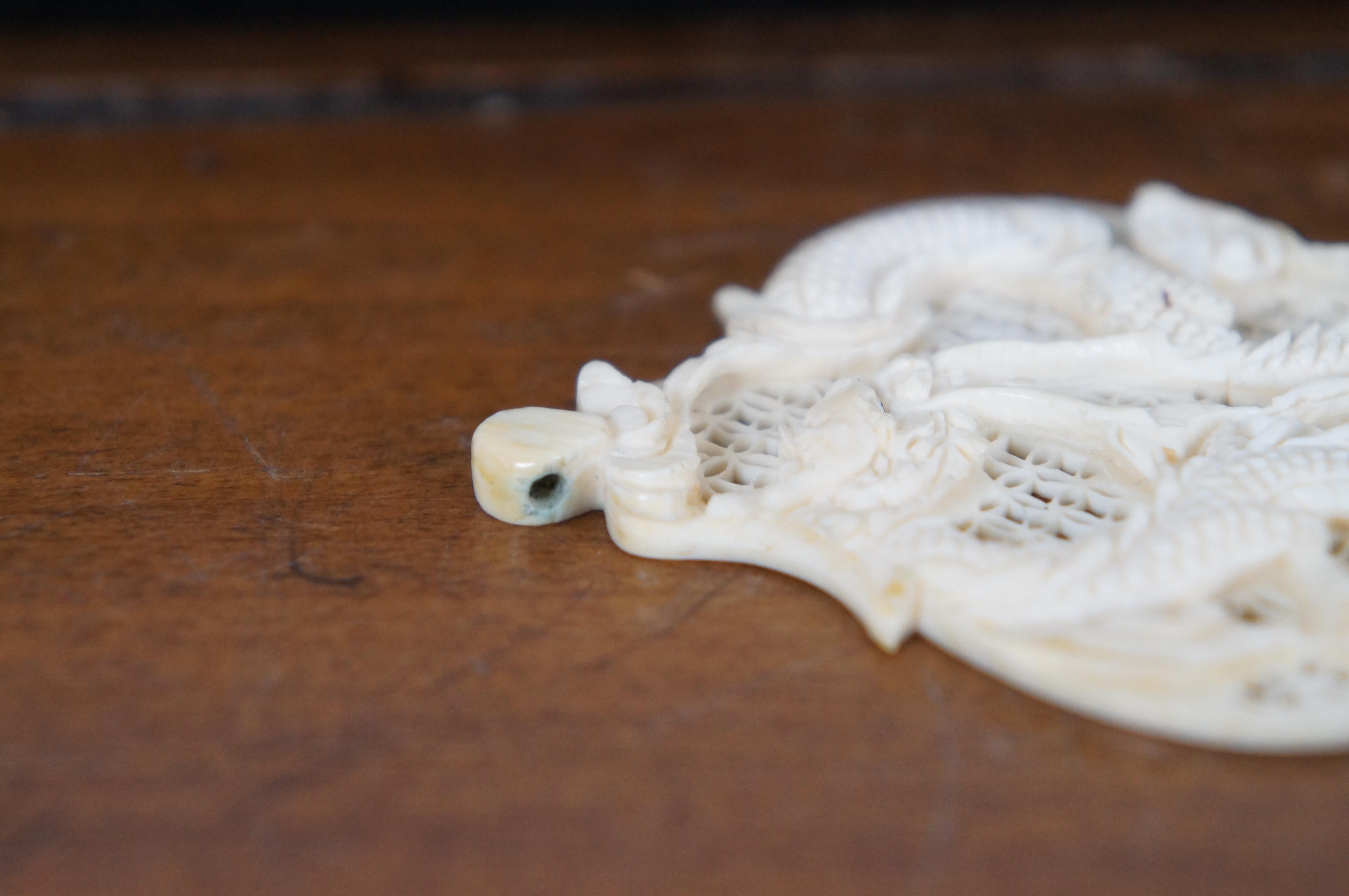 6 Vintage Reticulated Carved Bone Pendants Dragons Elephant Geisha Kwan Yin For Sale 3