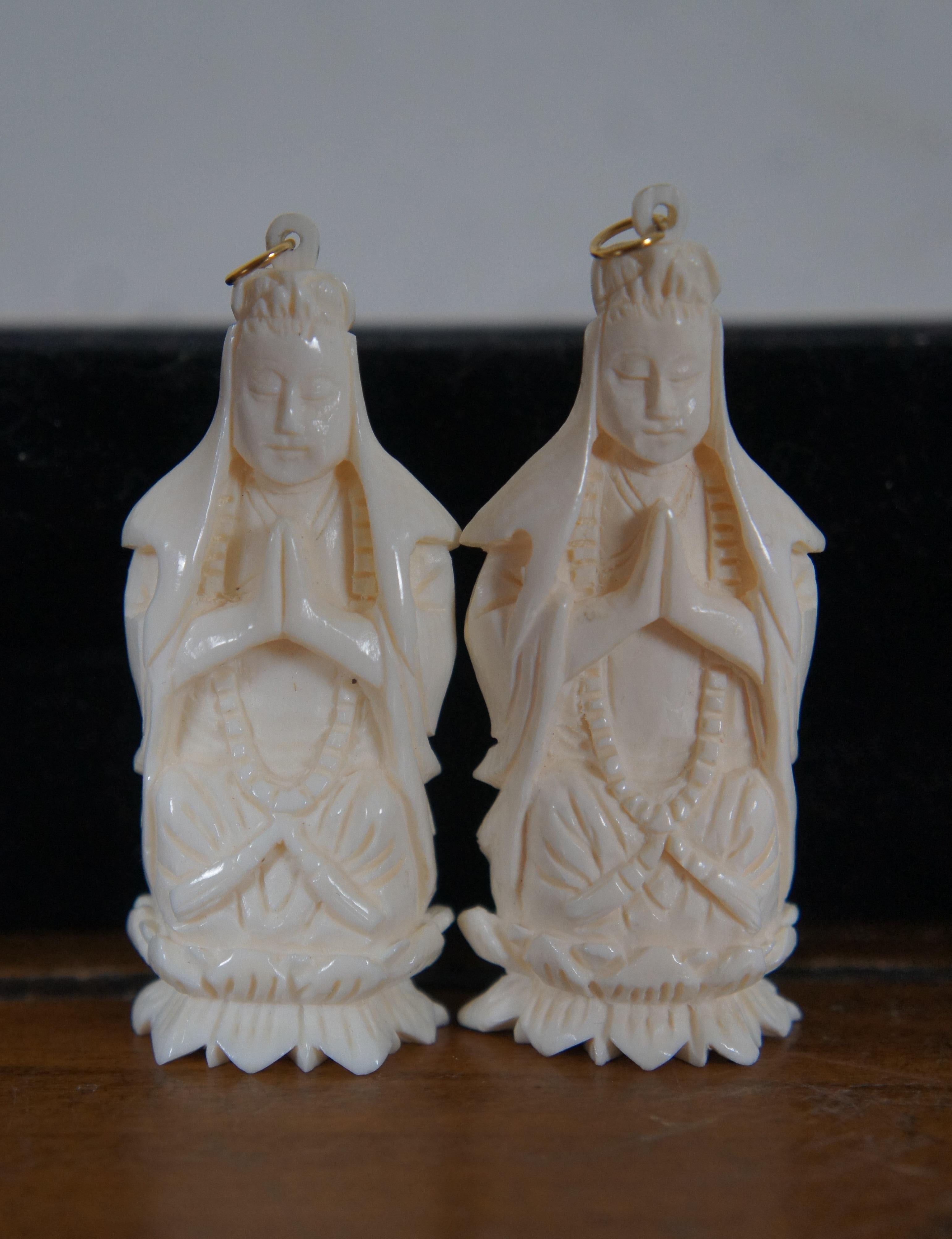 6 Vintage Reticulated Carved Bone Pendants Dragons Elephant Geisha Kwan Yin For Sale 1