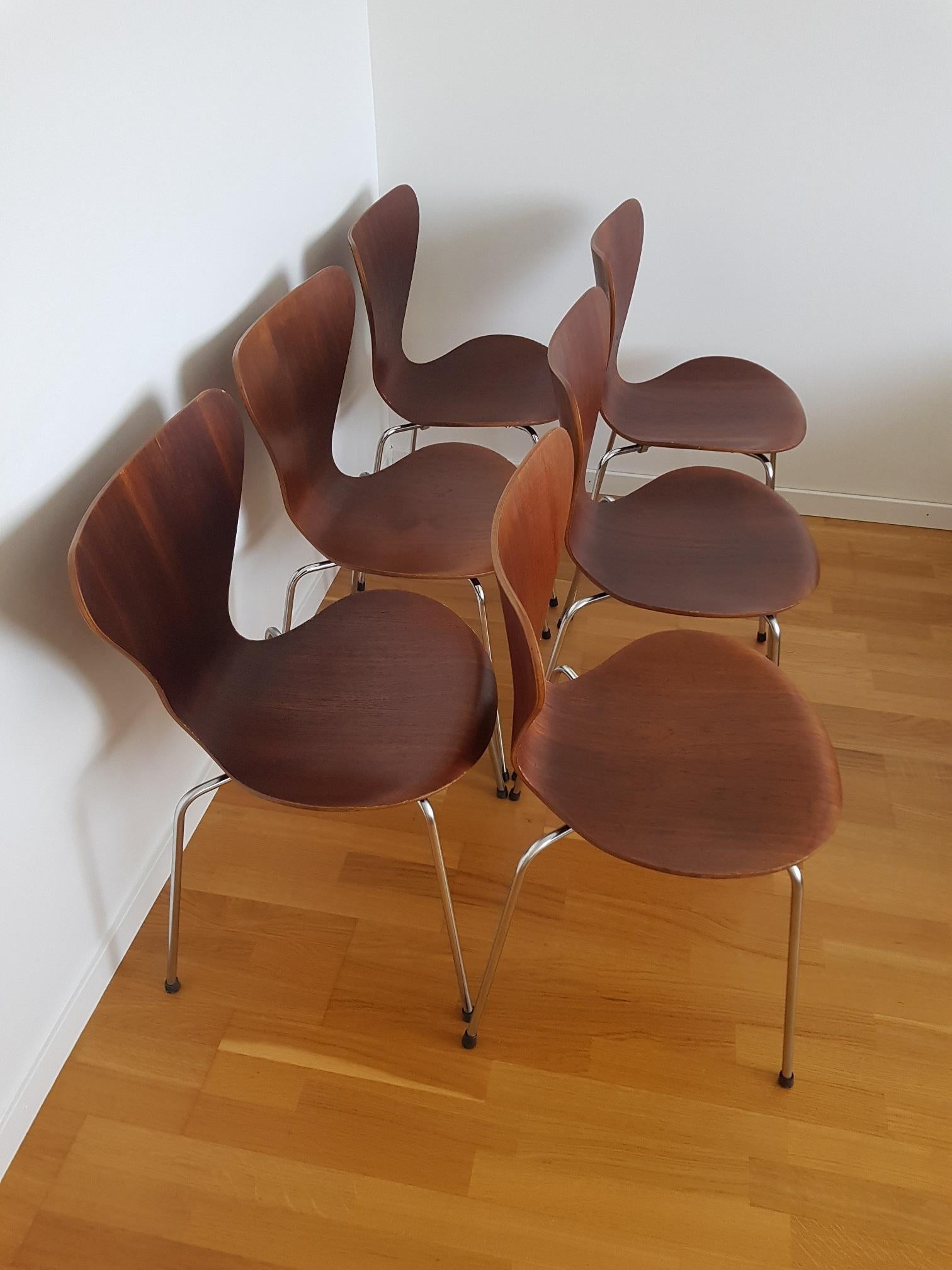 20th Century 6 Vintage Series 7 Chairs 3107 in Teak 1960s by Arne Jacobsen for Fritz Hansen For Sale