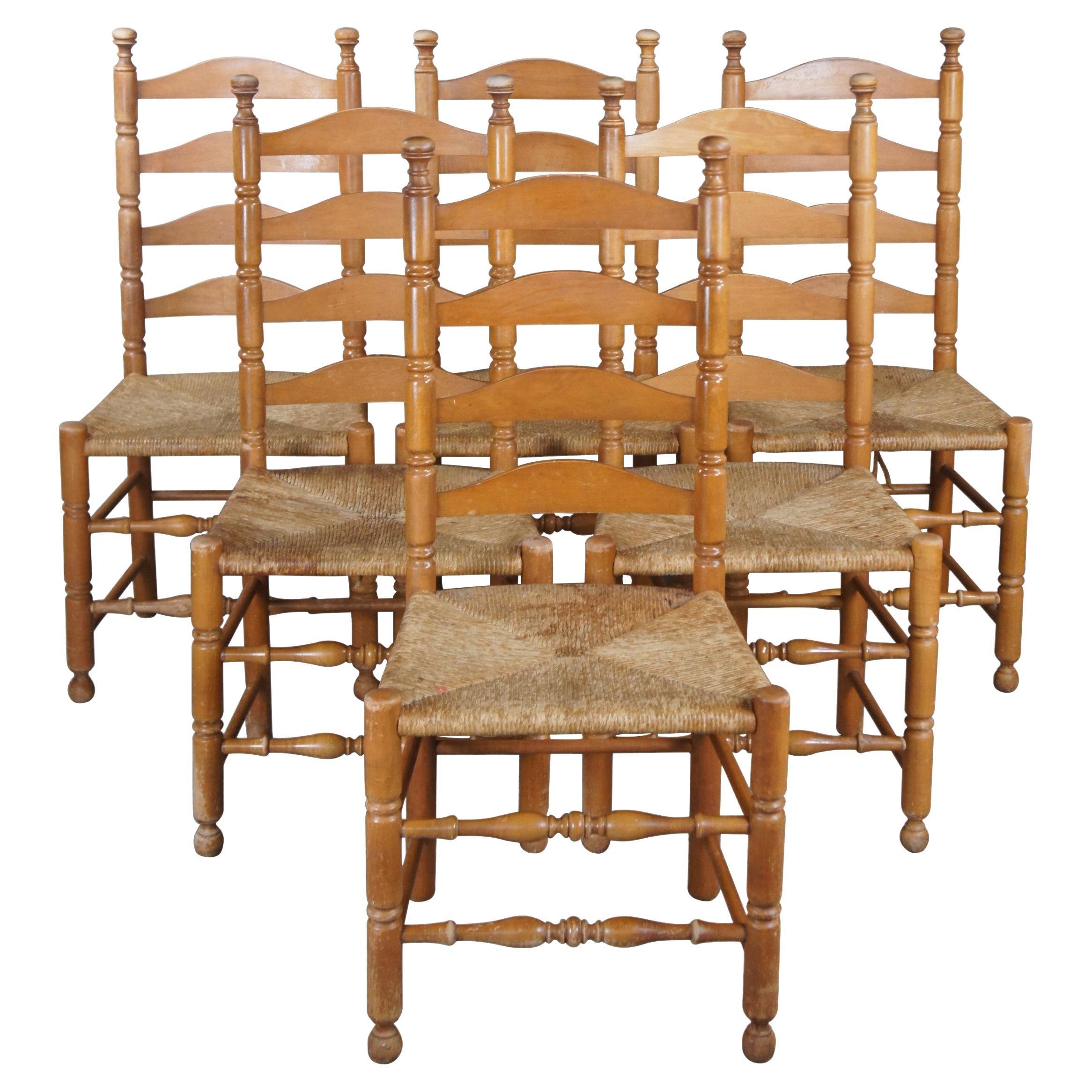 6 Vintage Shaker Style Farmhouse Ladderback Maple Dining Chairs Rush Seat 
